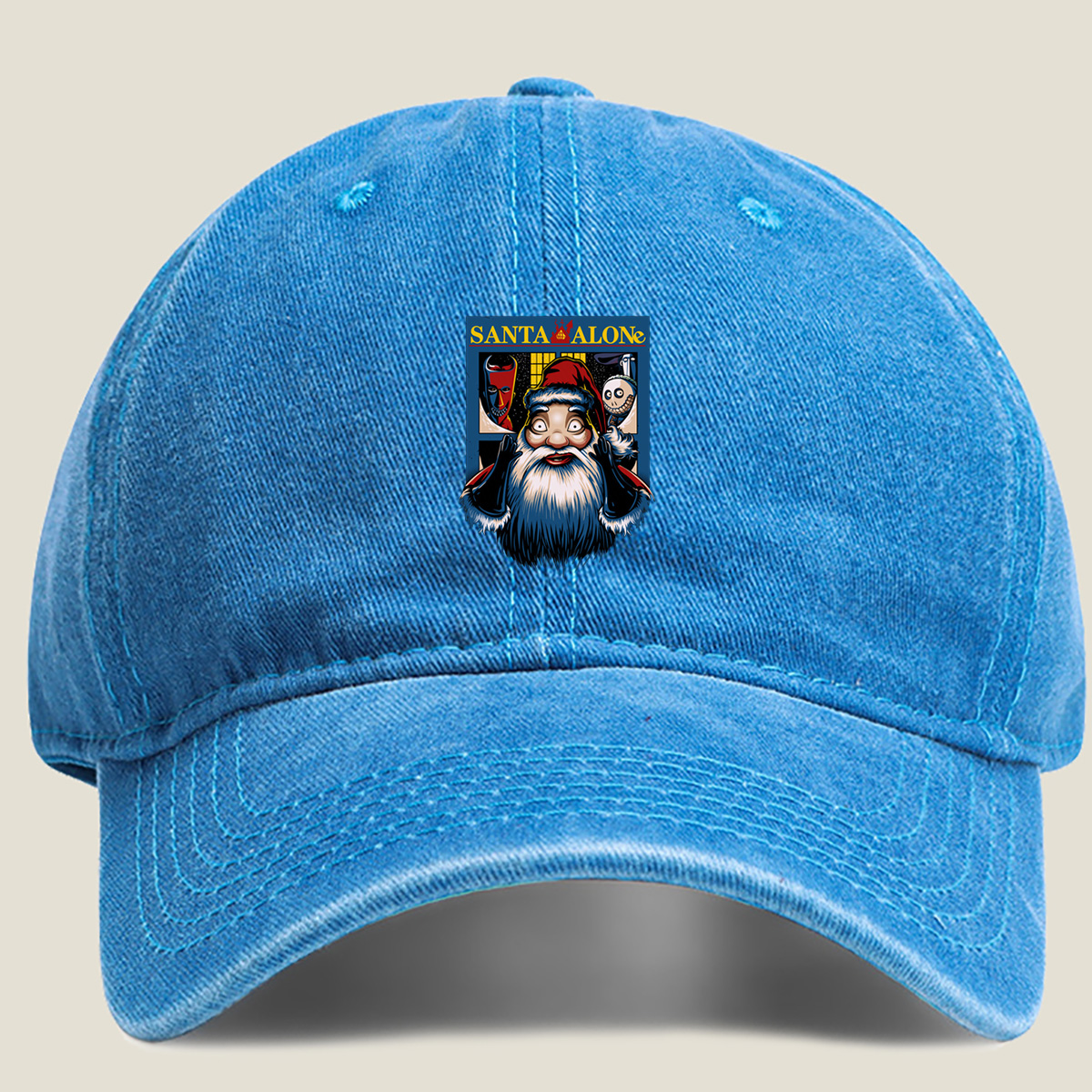 Santa Alone: Santa Claus, Jack Skellington, and Red Mask - Washed Denim - Baseball Cap