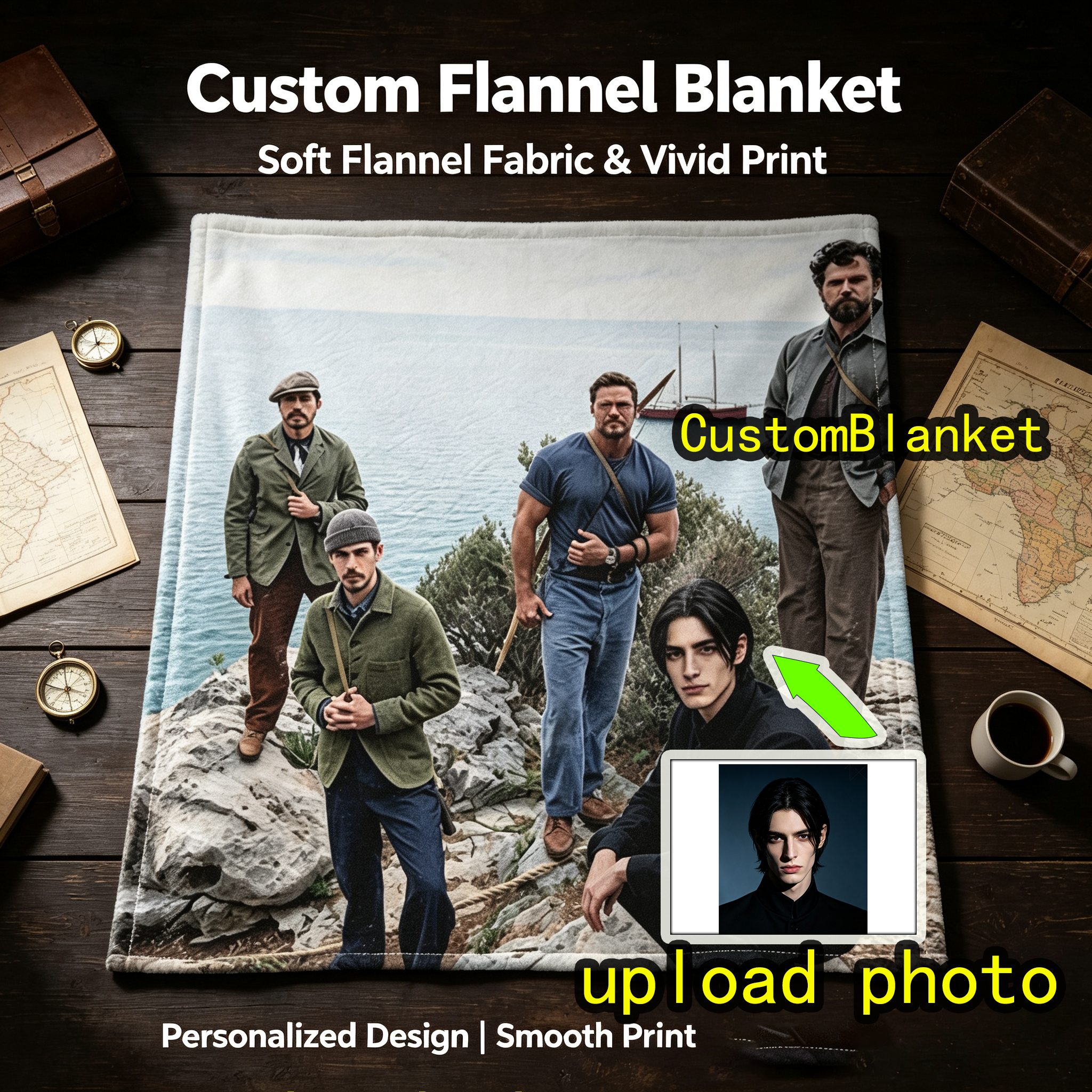 Custom Face Blanket Featuring Men on Rocky Coastline with Sailboat in Background Flannel Blanket Perfect for Outdoor Adventures and Cozy Nights Ideal Gift or Giveaway Item