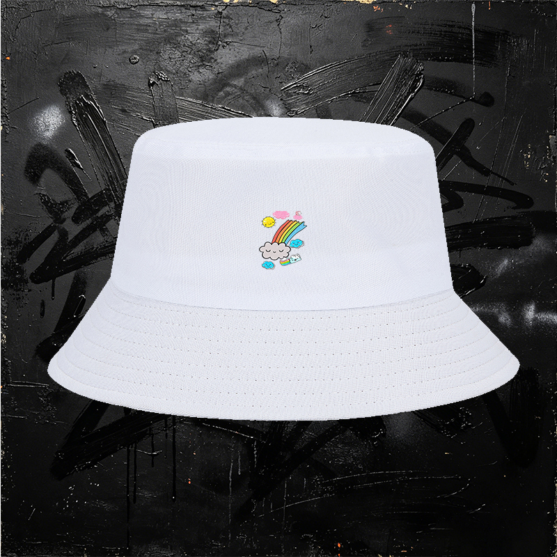 Unisex Bucket Hat with Rainbow Clouds and Sparkle Design - Classic Cotton Sun Hat for Outdoor Activities, Perfect for Teenagers and Young Adults Seeking Fun and Fashionable Headwear