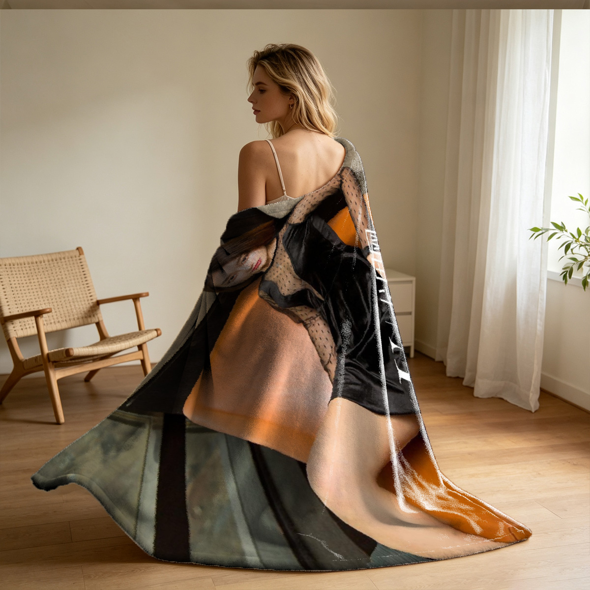Blonde Woman in Red Lingerie and Heels Posing on Bedroom Bench - Blanket