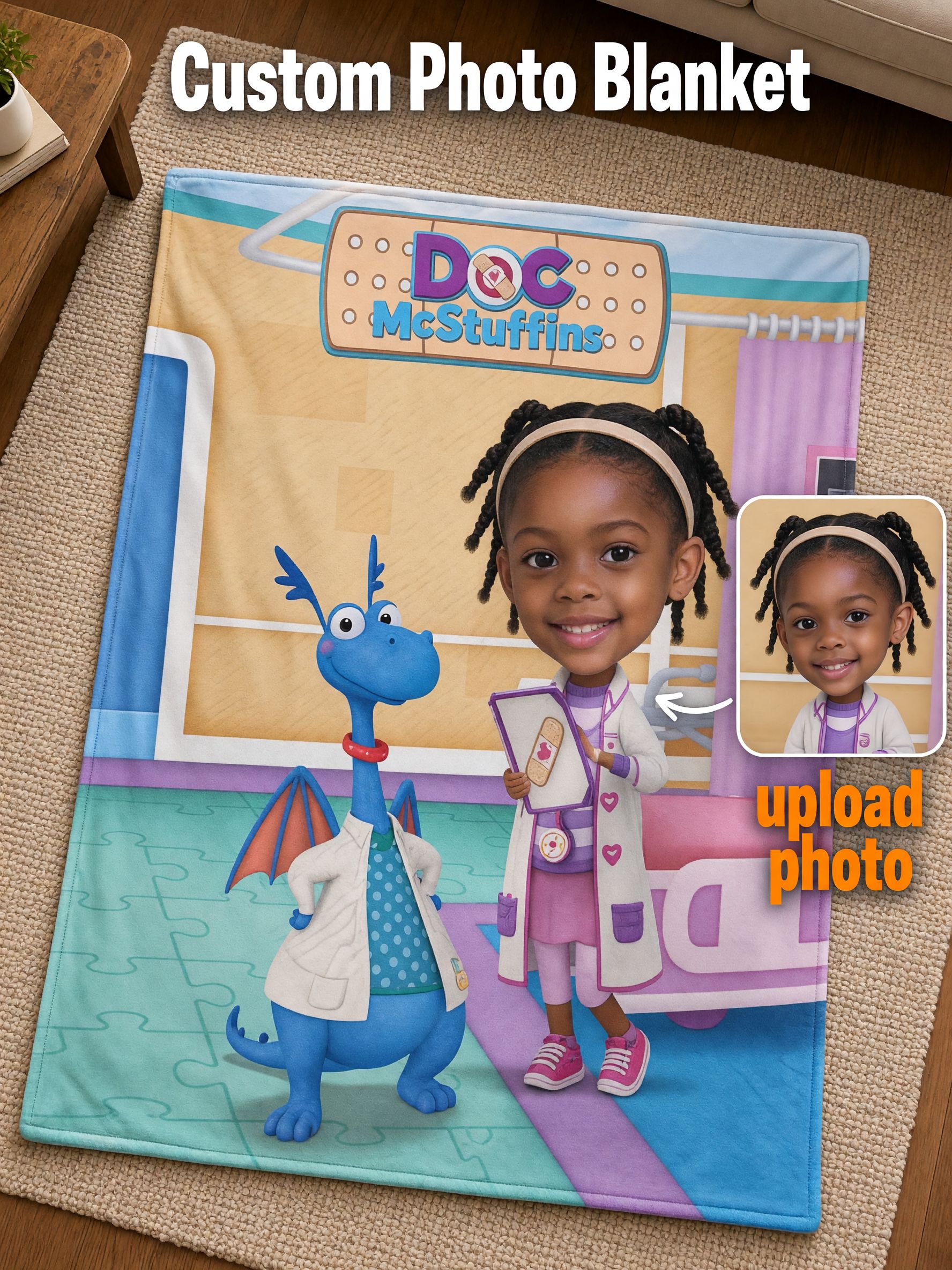 Personalized Photo Face Blanket Custom Cartoon Doctor Flannel Fleece Throw for Kids, Cozy Bed Couch Gift