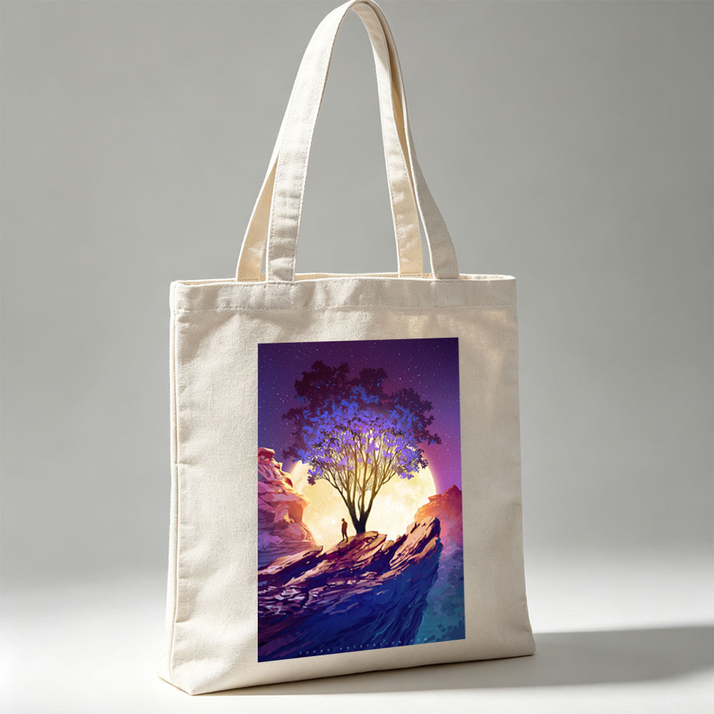 Imagine Dragons Dreamy Landscape with Purple Tree and Moonlit Sky - Canvas tote bags