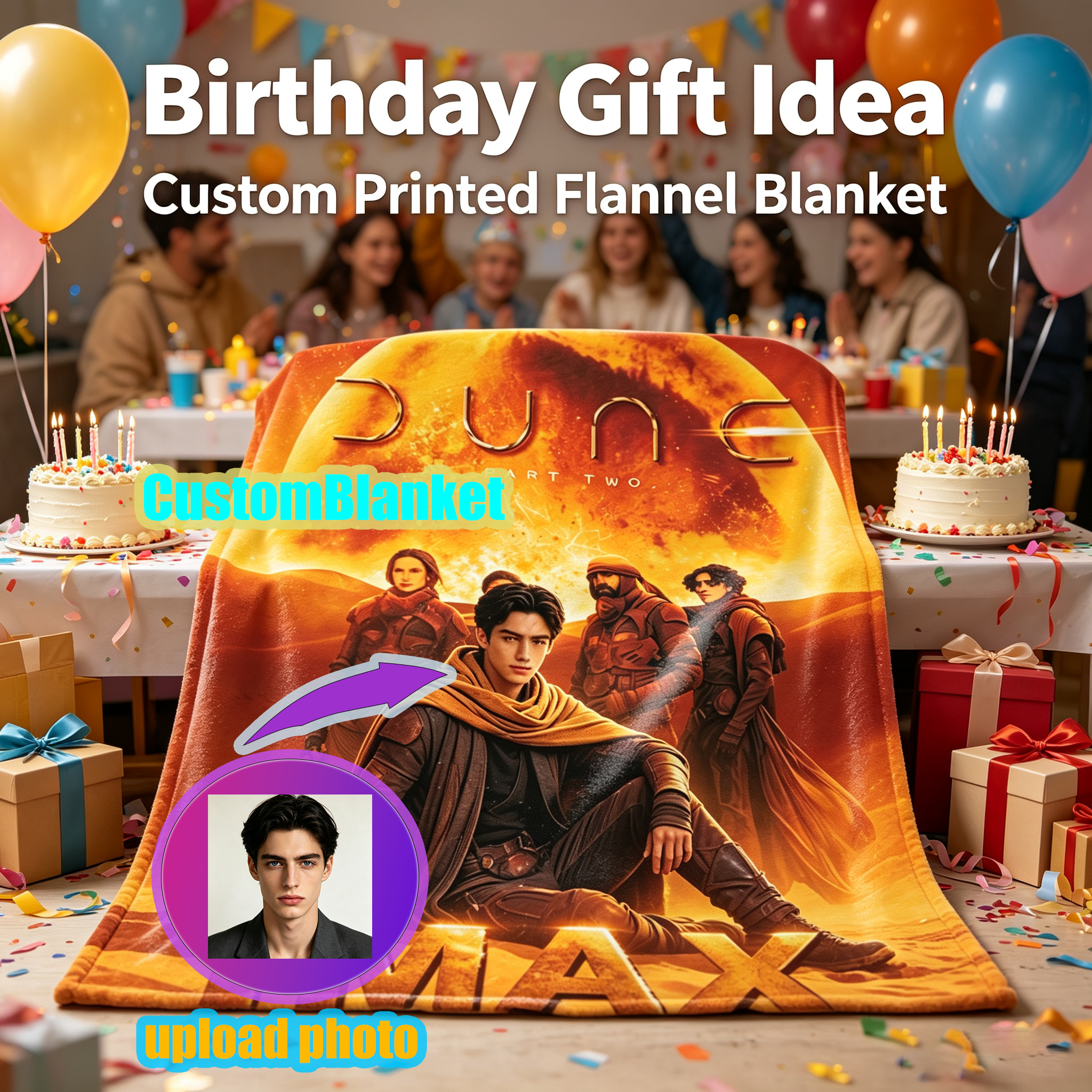 Custom Face Blanket Dune Part Two Flannel Blanket Movie Poster Design Desert Adventure Theme Cozy Bedding Gift for Fans and Collectors