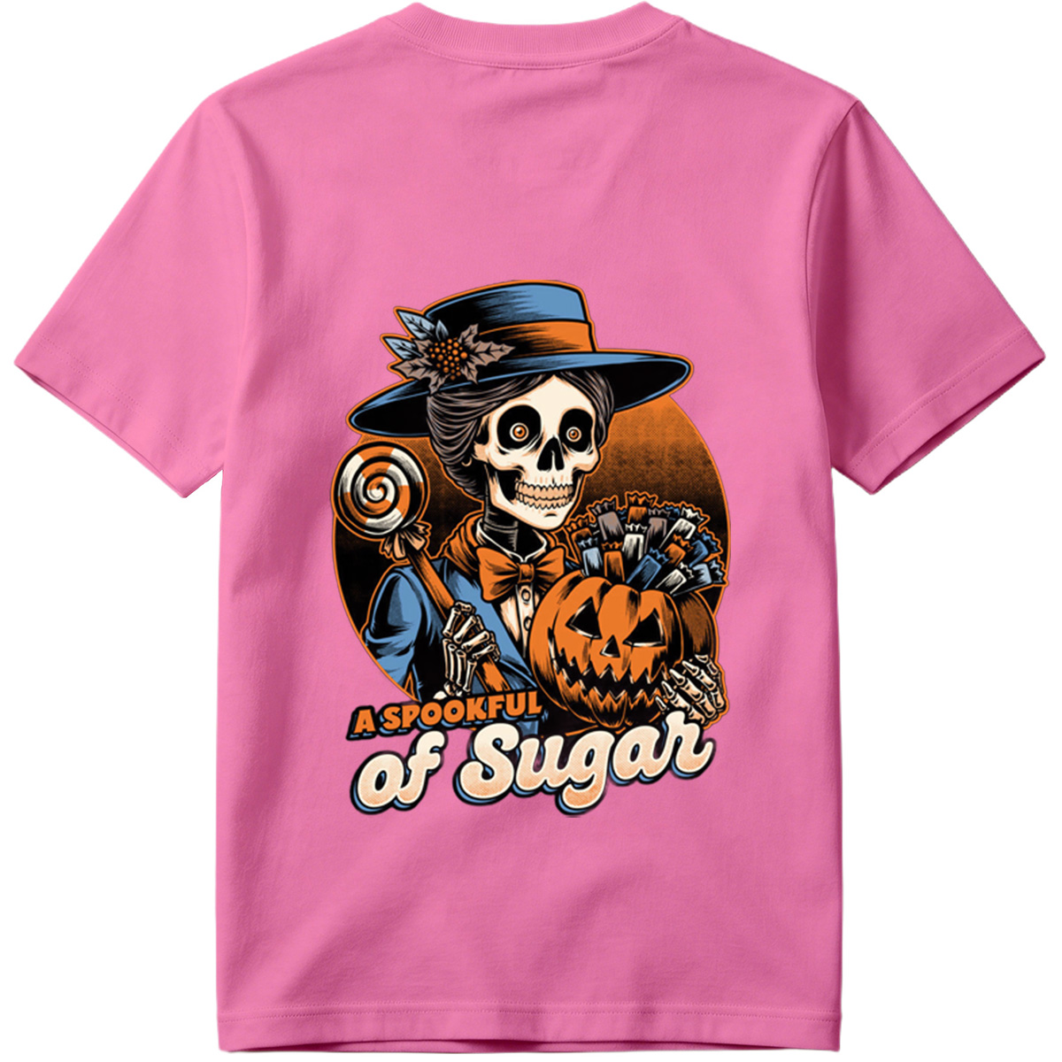 A Spookful of Sugar: Skeleton Lady with Pumpkin and Candy - Tee