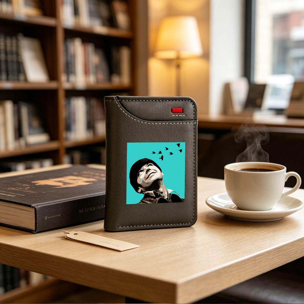 Man in Beanie Gazing at Flying Birds Against Teal Sky - Vertical Style Wallet