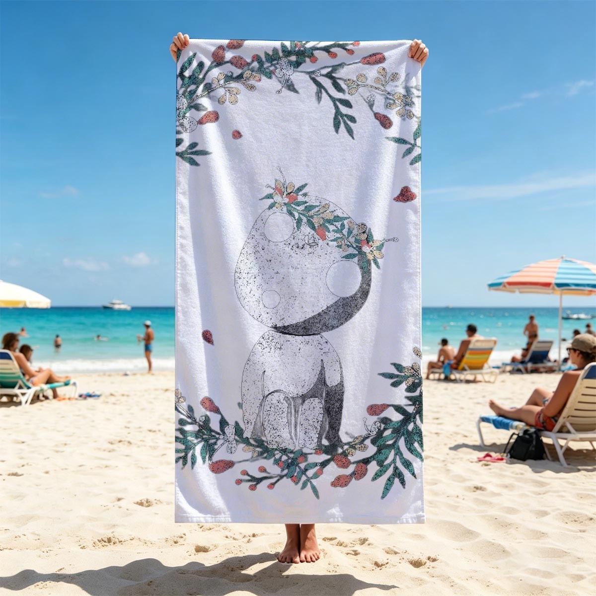 Cute Panda with Floral Crown in Wreath - Beach towels
