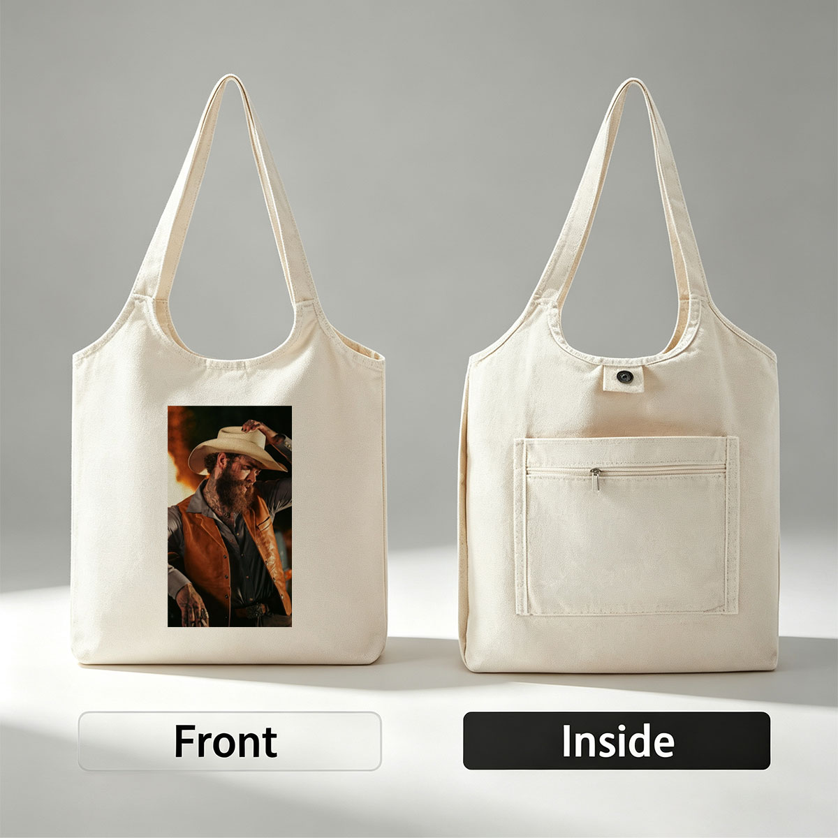 Post Malone in Cowboy Outfit Holding Hat with Fiery Background - Canvas shoulder bags/