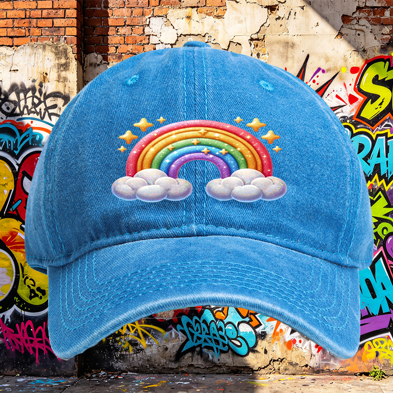 Unisex Classic Washed Cap Rainbow Clouds Print - Perfect for Casual Outings, Beach, and Daily Wear - Ideal for Youth and Adults Seeking Fun, Colorful Style