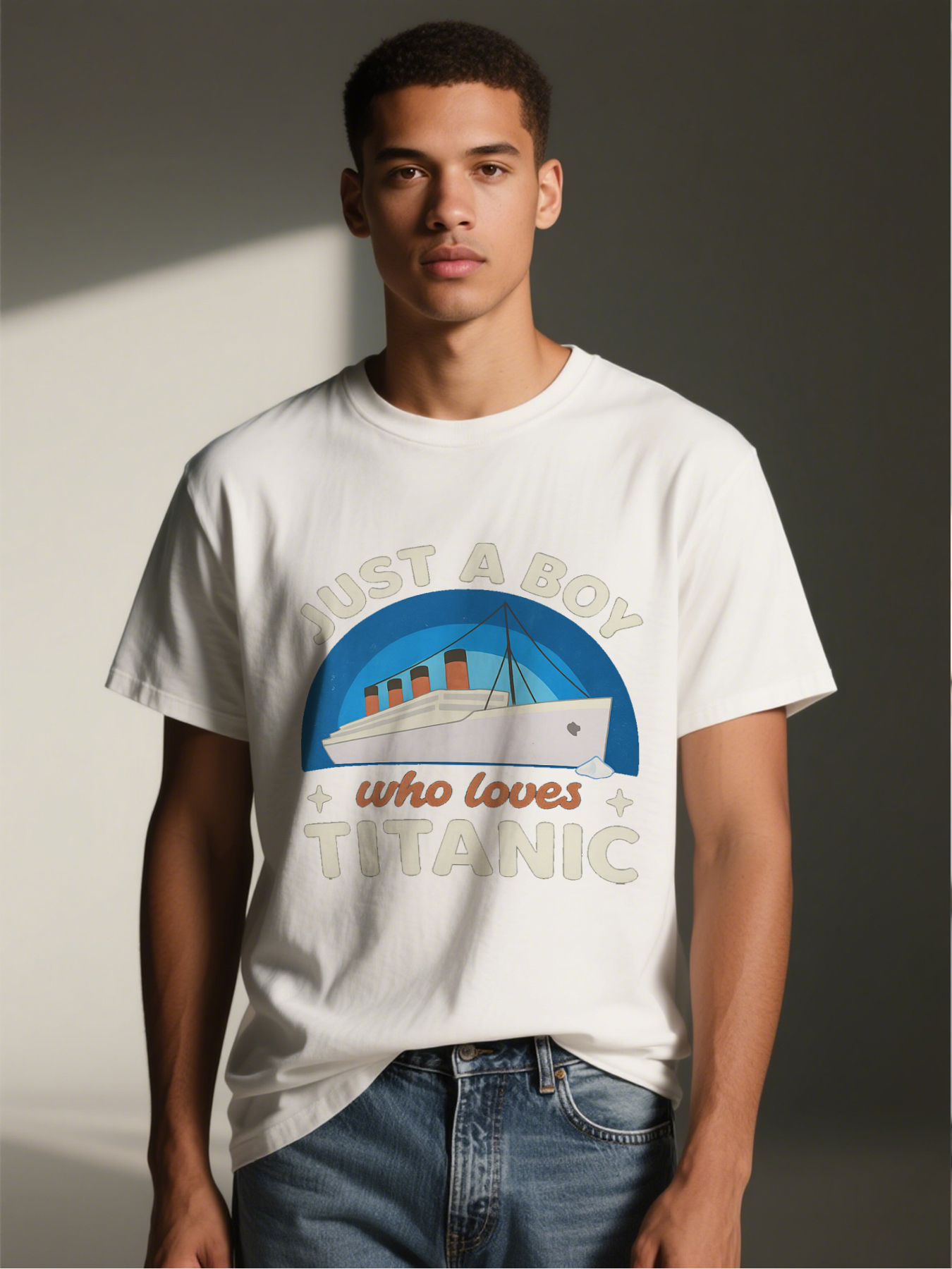 Men's Printed T-Shirt Just a Boy Who Loves Titanic Graphic Design Casual Round Neck Summer Lightweight Breathable Short Sleeve Tee for Titanic Fans and Movie Enthusiasts