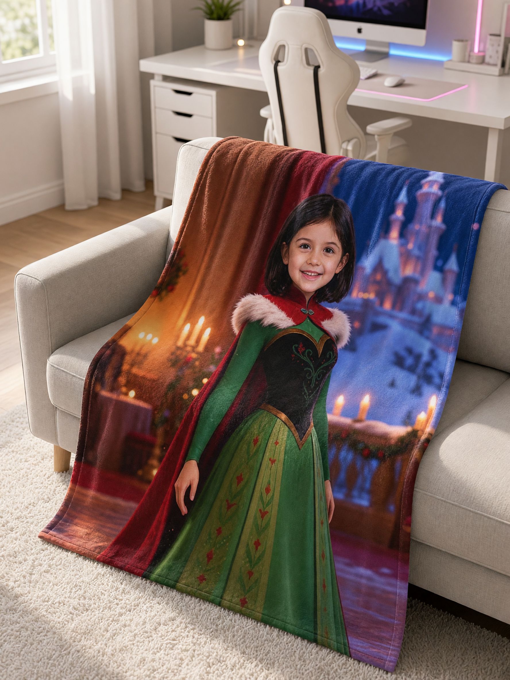 Custom Face Photo Blanket Personalized Princess Portrait Flannel Fleece Throw, Ideal Cozy Gift for Kids and Family