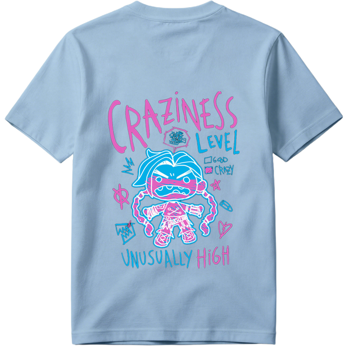 Craziness Level: Unusually High - Blue Character with Pink Accents - Tee