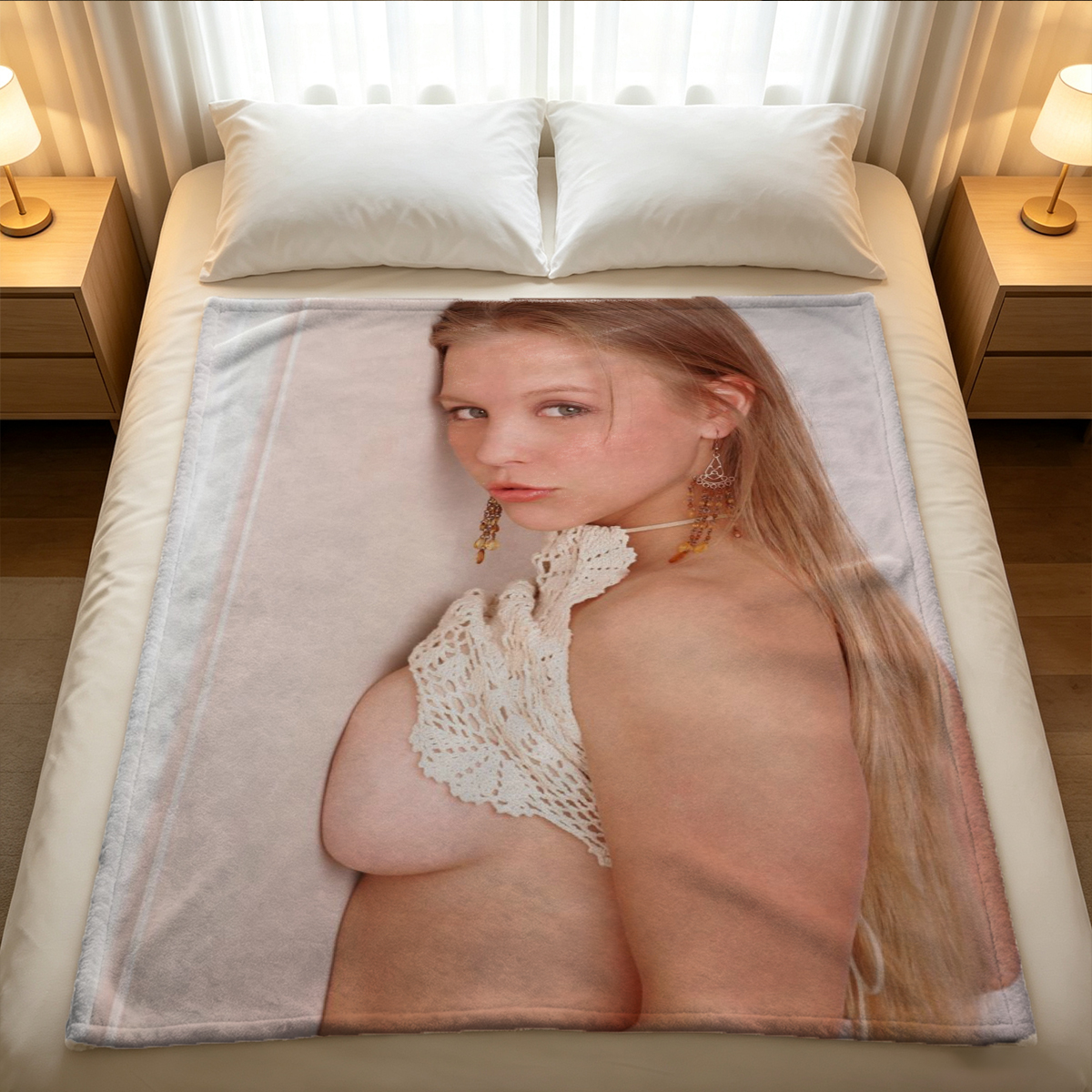 A woman with short red hair in an open white bathrobe. - Blanket
