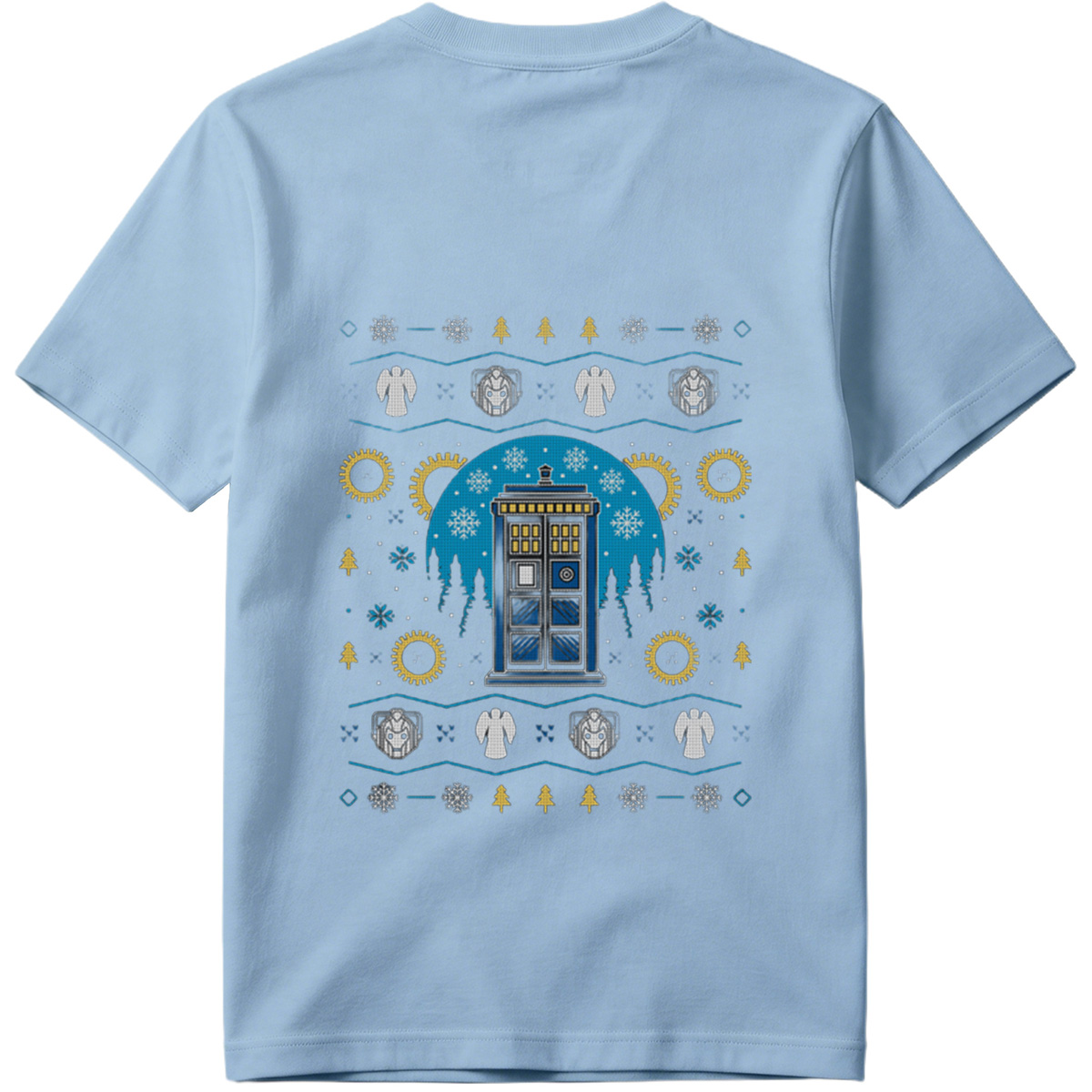 Doctor Who Christmas Sweater Design Featuring TARDIS, Weeping Angels, and Cybermen - Tee