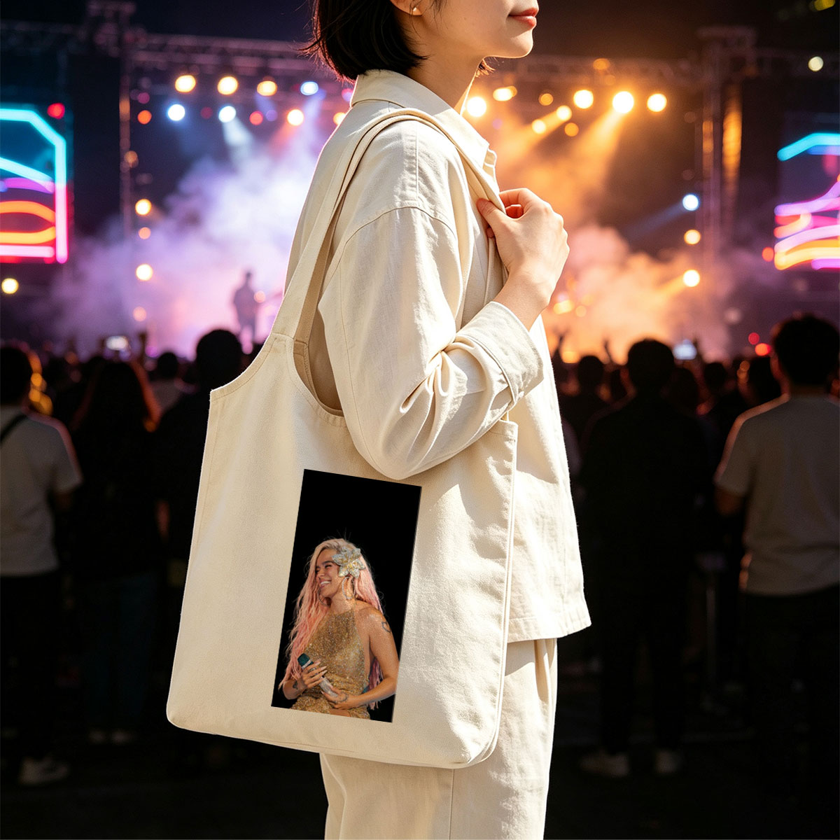 Demi Lovato on Stage in a Sparkling Gold Dress with Pink Hair and Flower Accessory - Canvas shoulder bags/