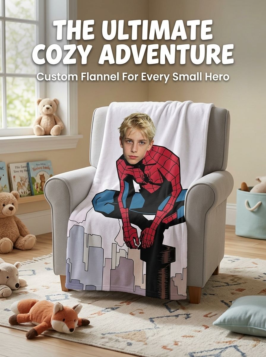 Custom Photo Face Superhero Flannel Blanket, Personalized Soft Fleece Throw for Kids and Adults, Cozy Bed Couch Gift