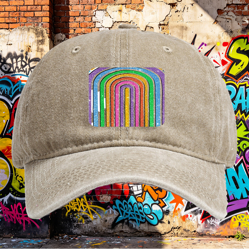 Unisex Classic Washed Baseball Cap with Glitter Rainbow Arc Print - Stylish Sun Protection Hat for Outdoor Activities, Perfect for Fashion-Lovers and Casual Wearers