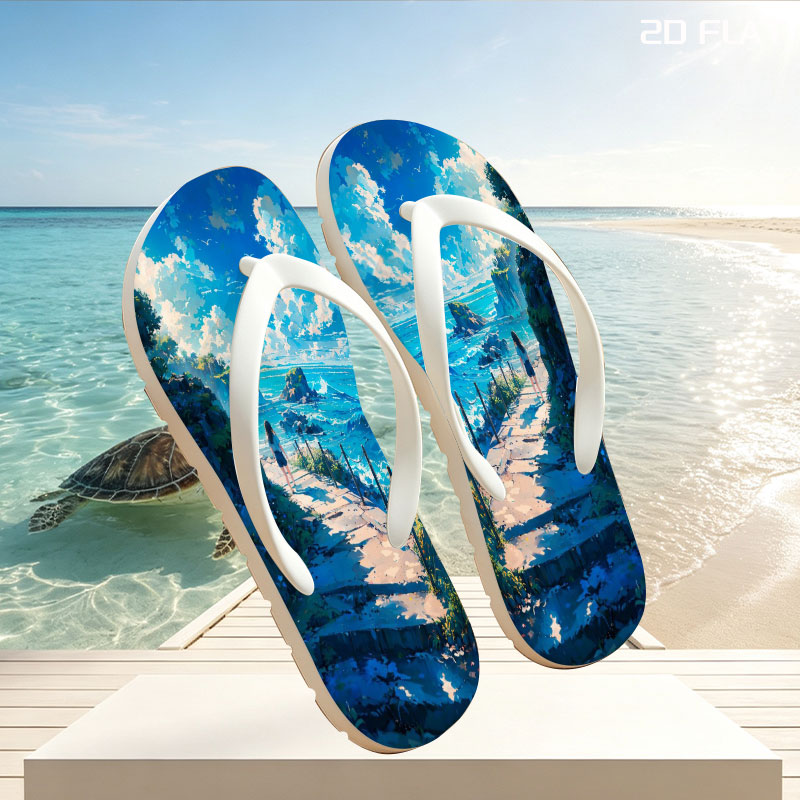 Girl walking on coastal path overlooking turquoise sea and rocky cliffs under bright blue sky -  flip-flops
