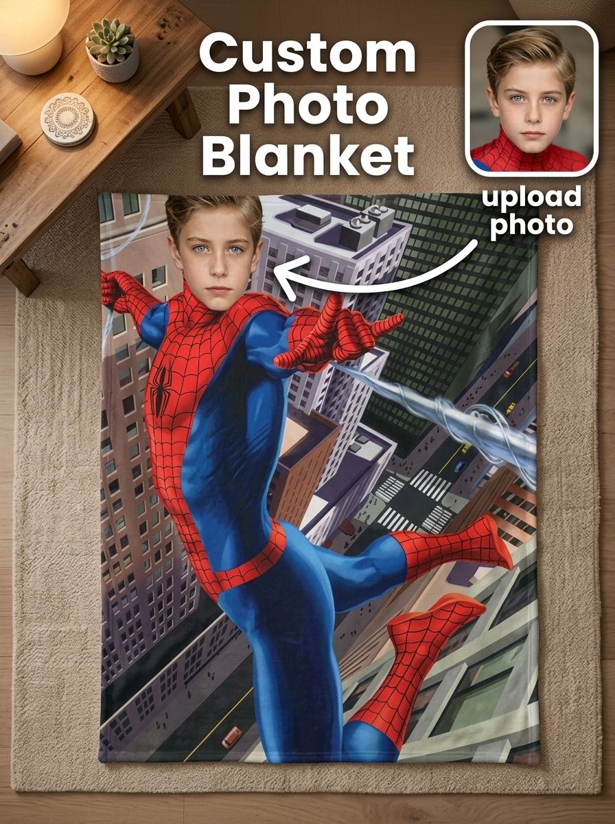 Custom Face Photo Superhero Fleece Blanket, Personalized Throw Blanket for Kids and Adults, Ideal Personalized Gift