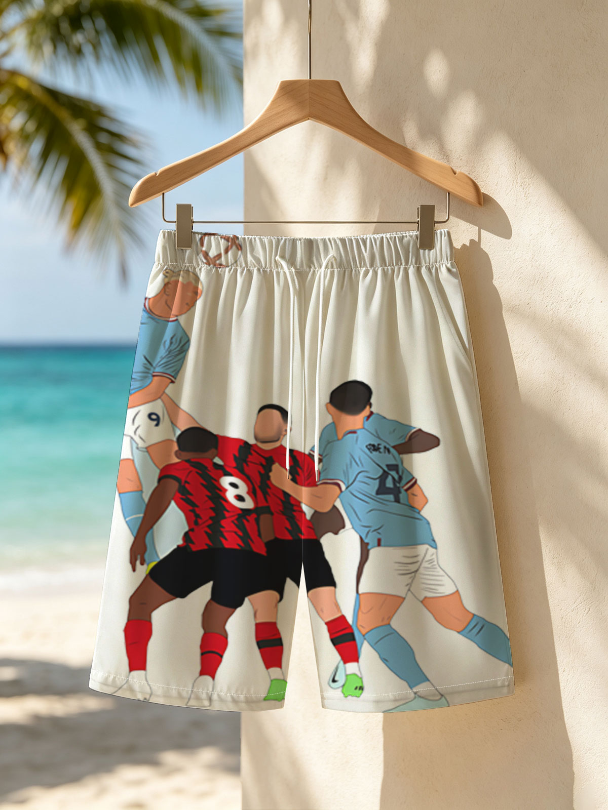 Soccer Players in Action: Blue vs Red Team Duel for Header -  Beach shorts