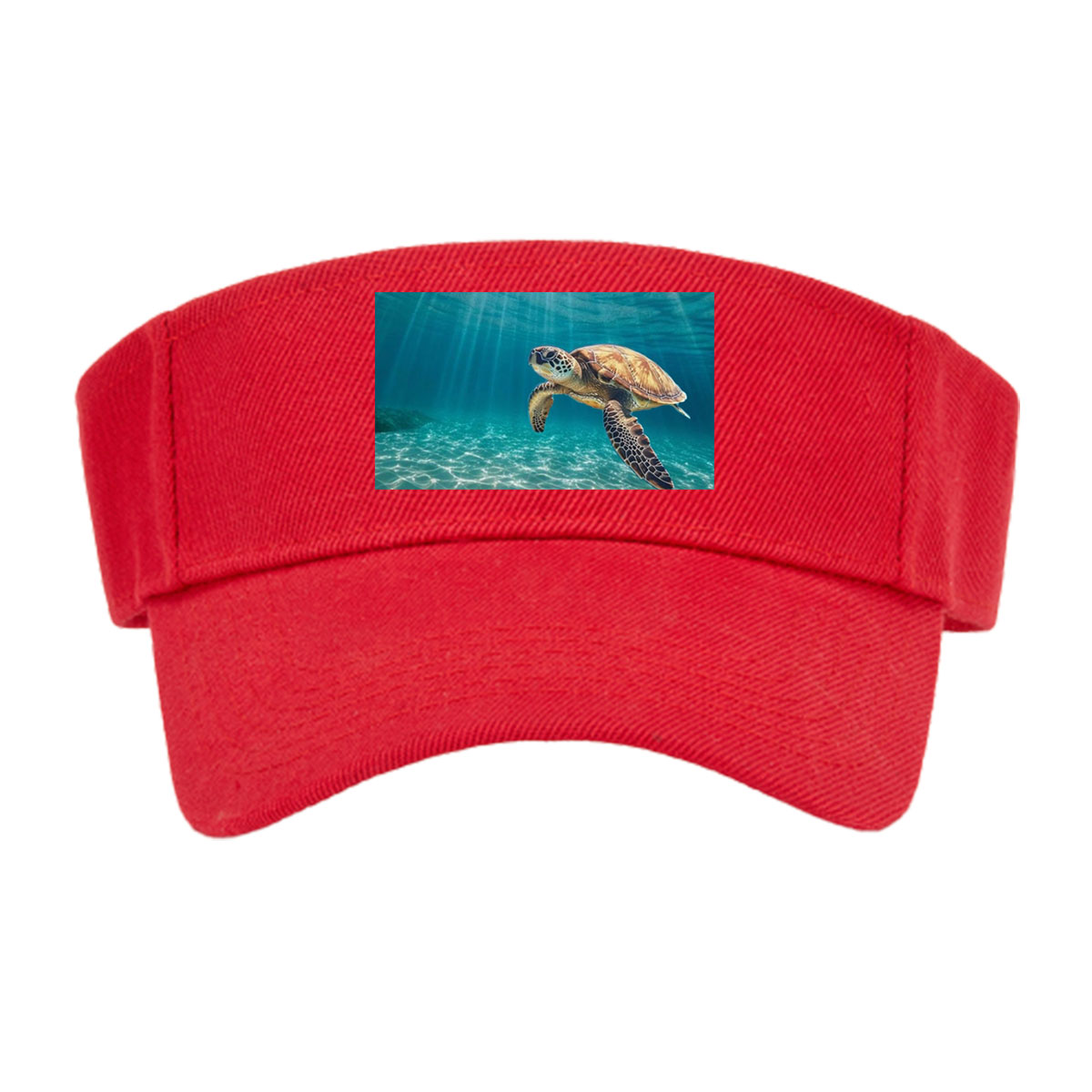 Sea turtle glides through sunlit waters, rays shimmering above. -  Visor cap