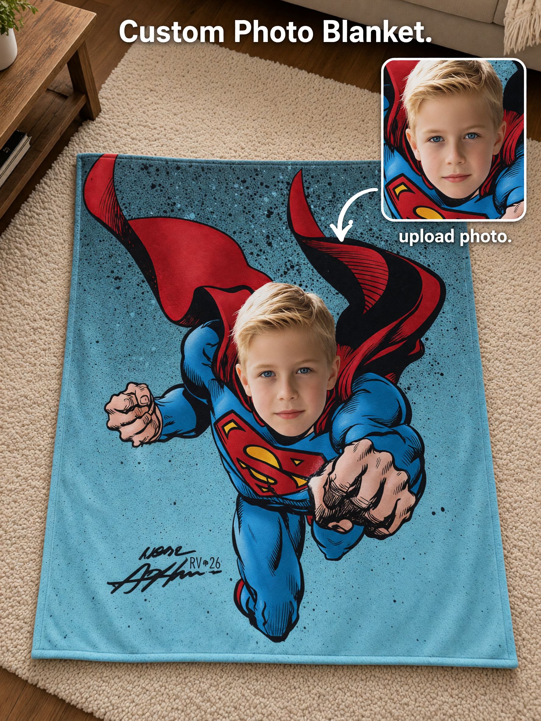 Personalized Superhero Photo Blanket Custom Face Flannel Throw Skin-Friendly Fleece Wrap for Kids and Family