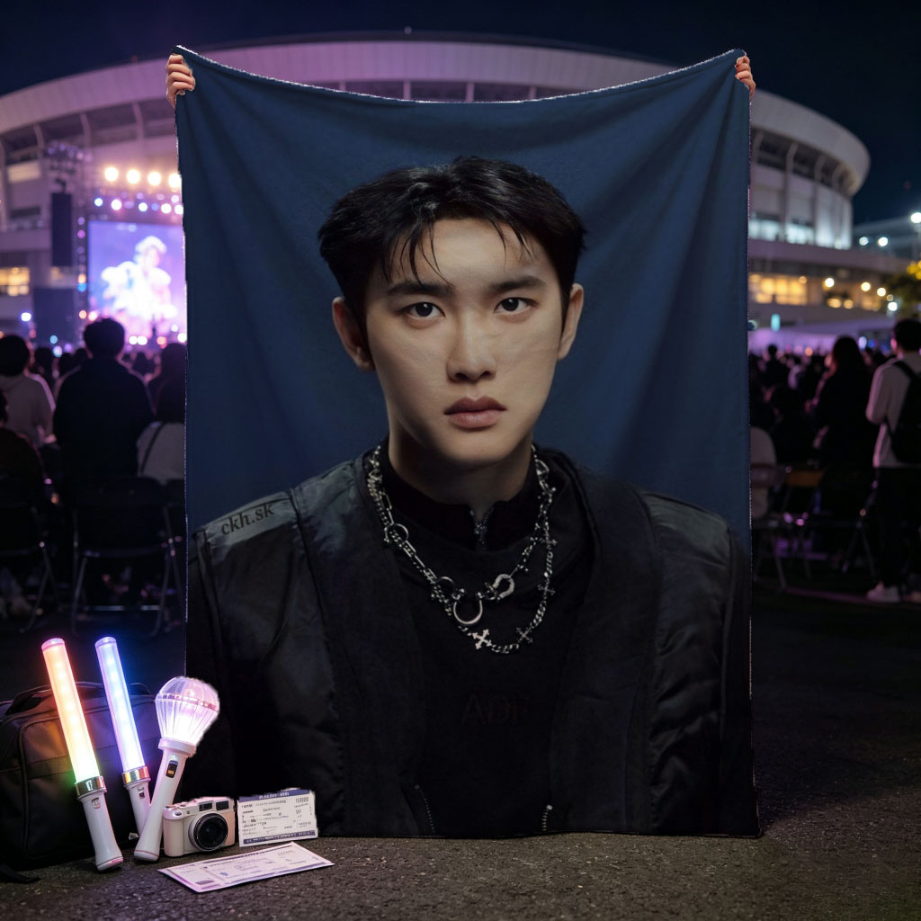Do Kyung Soo in a Stylish Black Outfit with Layered Necklaces Against a Dark Blue Background - Blankets