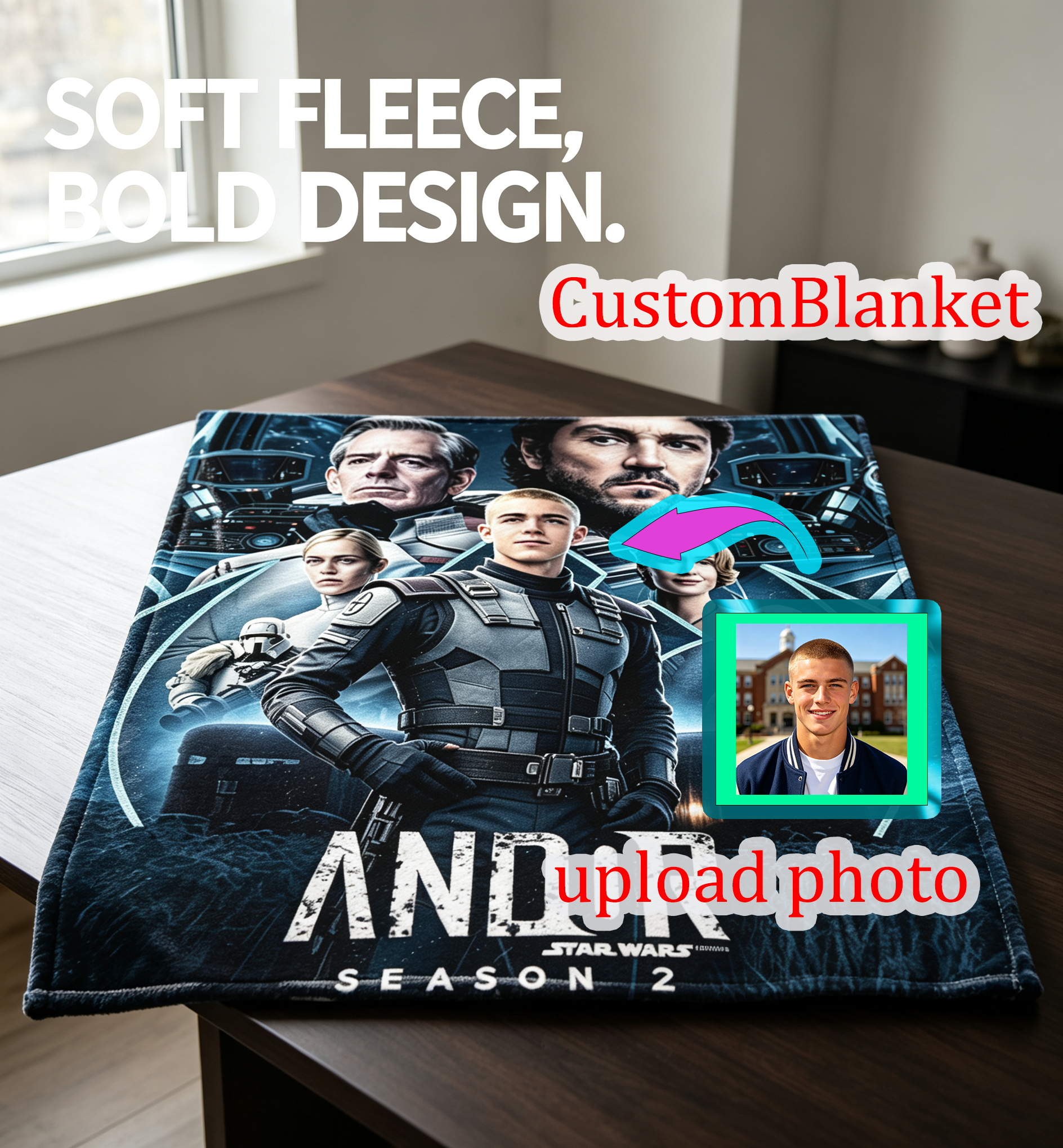 Custom Face Blanket Star Wars Andor Season 2 Flannel Blanket Cozy Home Decor Gift for Fans and Collectors
