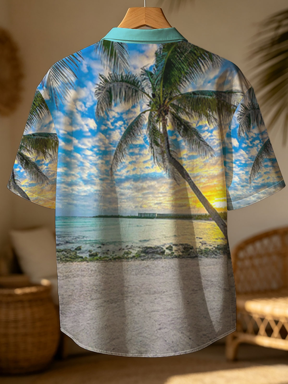 Tropical beach at sunset with palm tree and calm sea -  Shirt