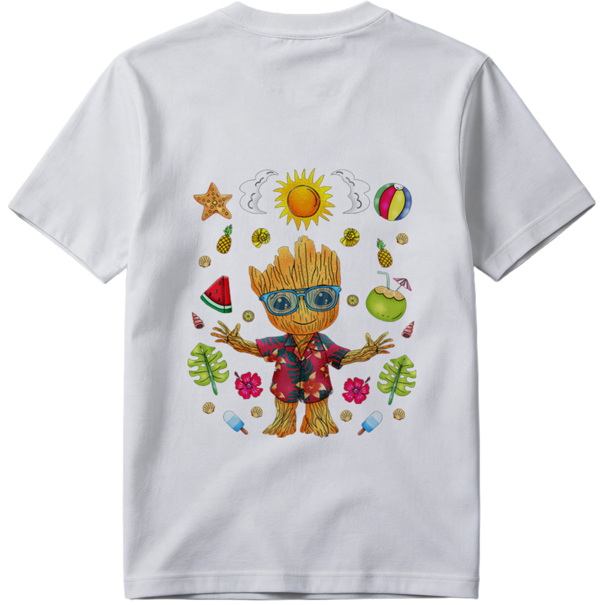 Groot in Hawaiian Shirt with Summer Elements - Tee