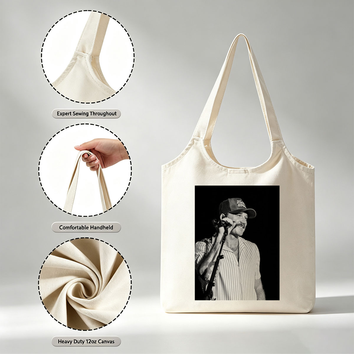 Ronnie Milsap Performing on Stage with Microphone in Black and White Photo - Canvas shoulder bags/