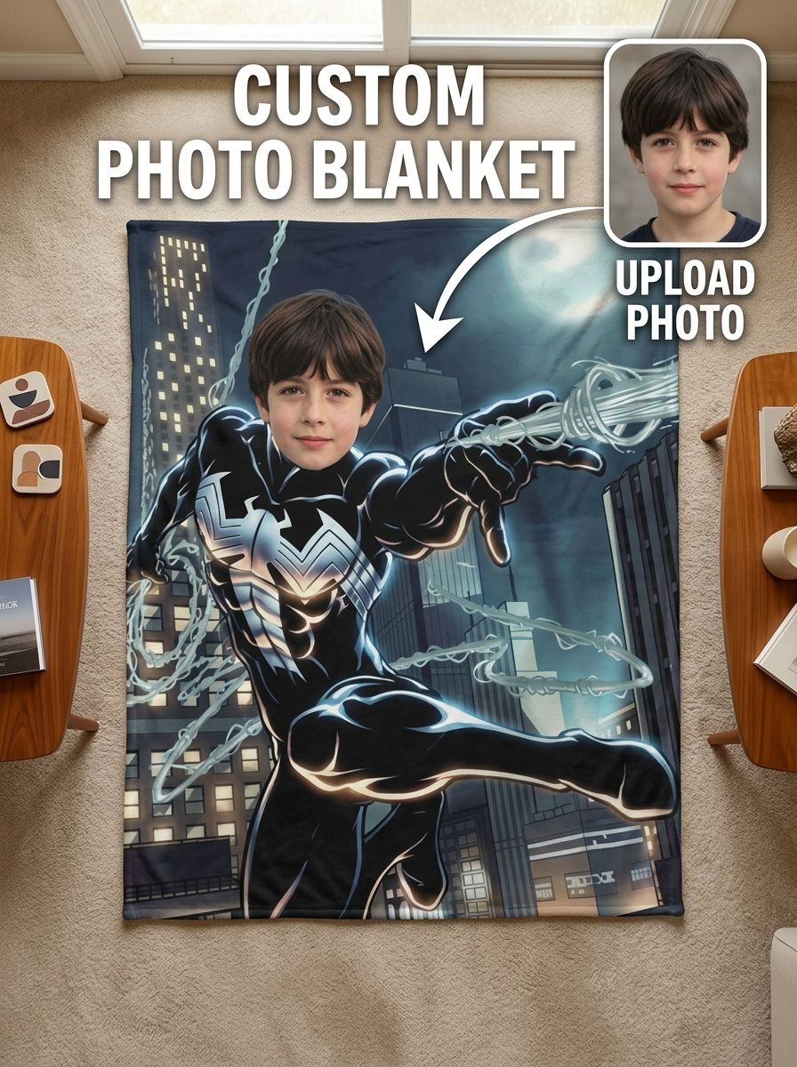 Personalized Superhero Photo Face Flannel Blanket Custom Cozy Bedding Throw Fleece Gift for Kids and Teens