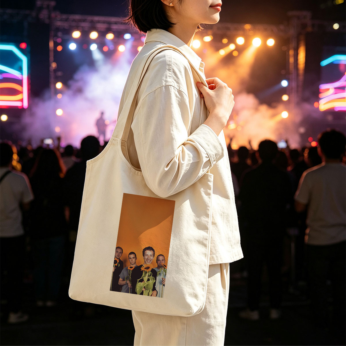 Imagine Dragons Band Members Holding Sunflowers Against Orange Background - Canvas shoulder bags/