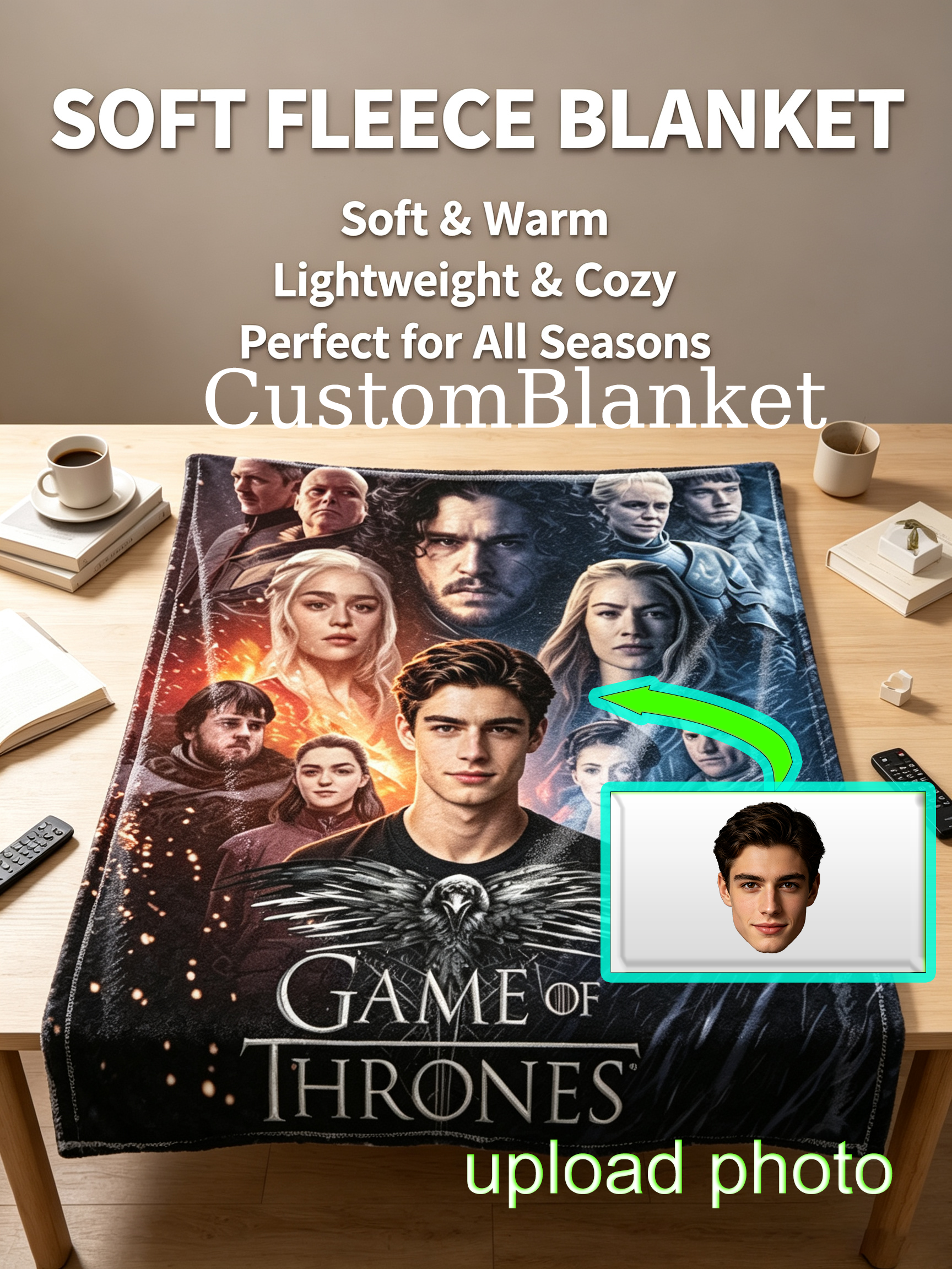 Custom Face Blanket Game of Thrones Flannel Blanket for Couch, Bed, or Travel - Perfect Gift or Giveaway for Fans