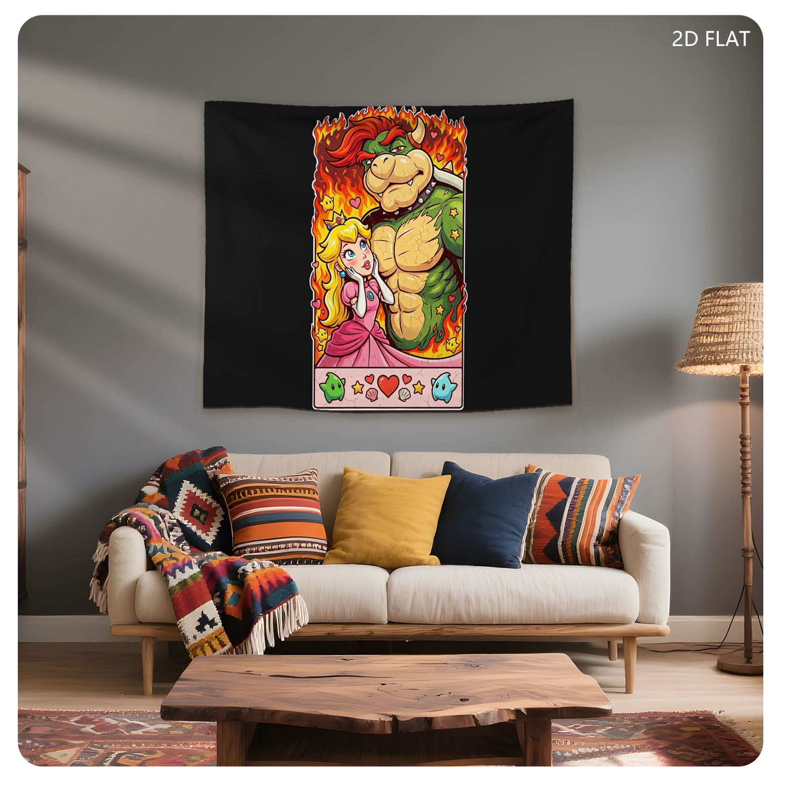 Bowser and Princess Peach in a fiery romantic scene, surrounded by hearts, stars, and mushrooms. - Tapestry