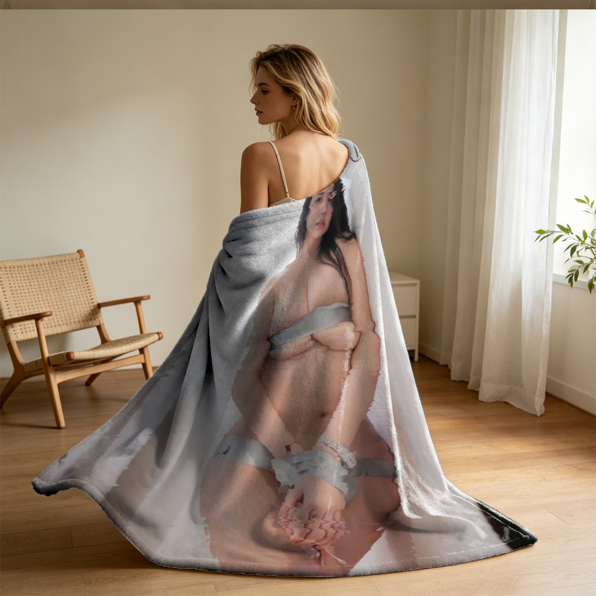 Nude Scarlett Johansson lying on bed looking at viewer - Blanket