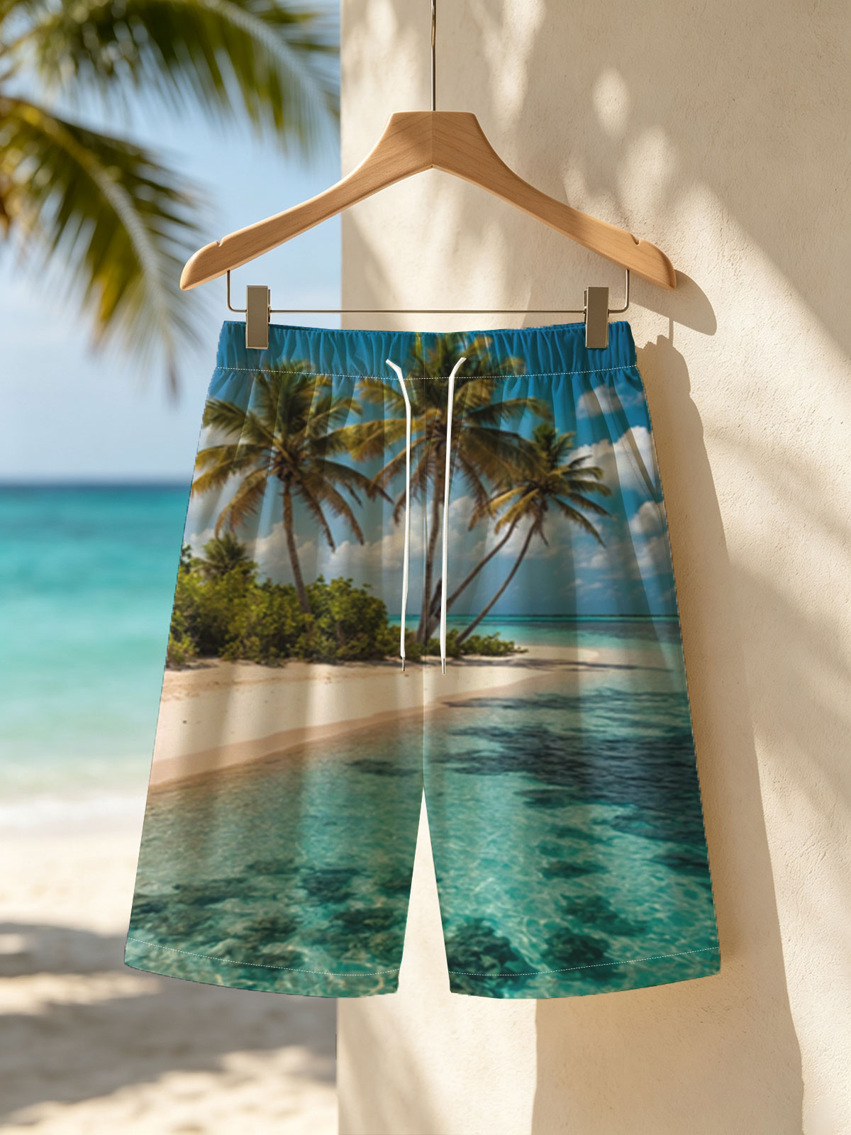 Tropical Beach with Palm Trees and Crystal Clear Water -  Beach shorts