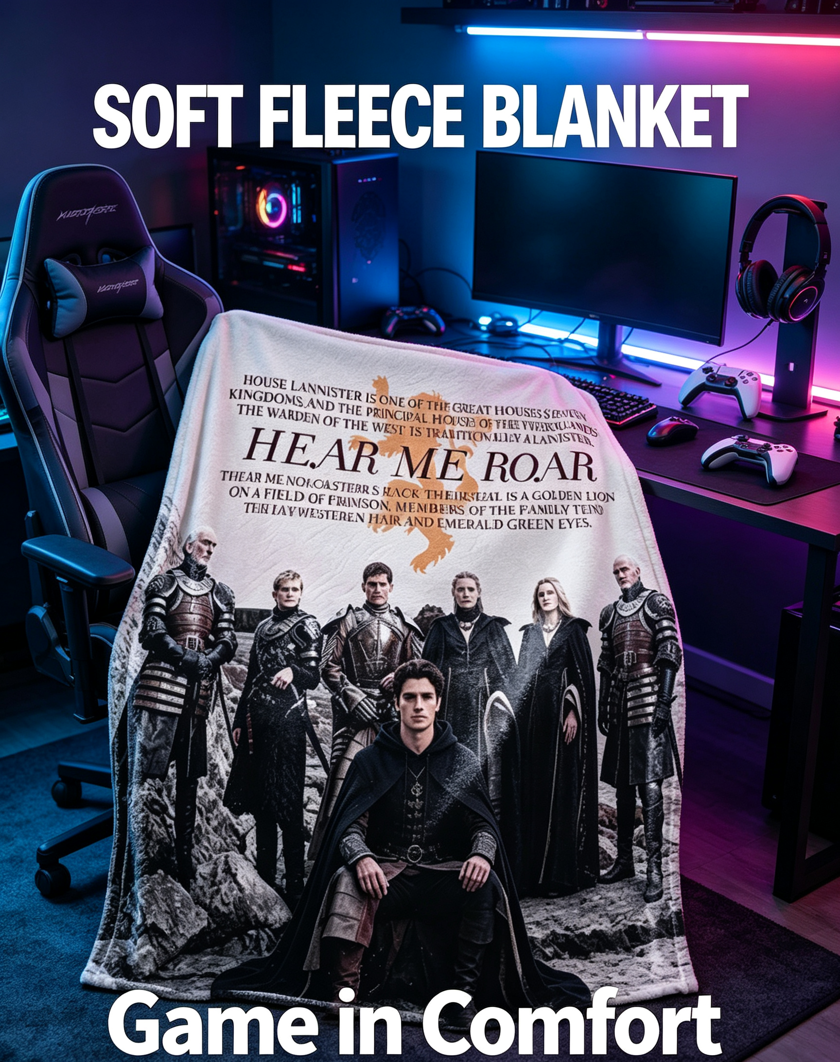 Custom Face Blanket Game of Thrones House Lannister Flannel Blanket for Couch, Bed, or Travel – Perfect Gift for Fans and Collectors