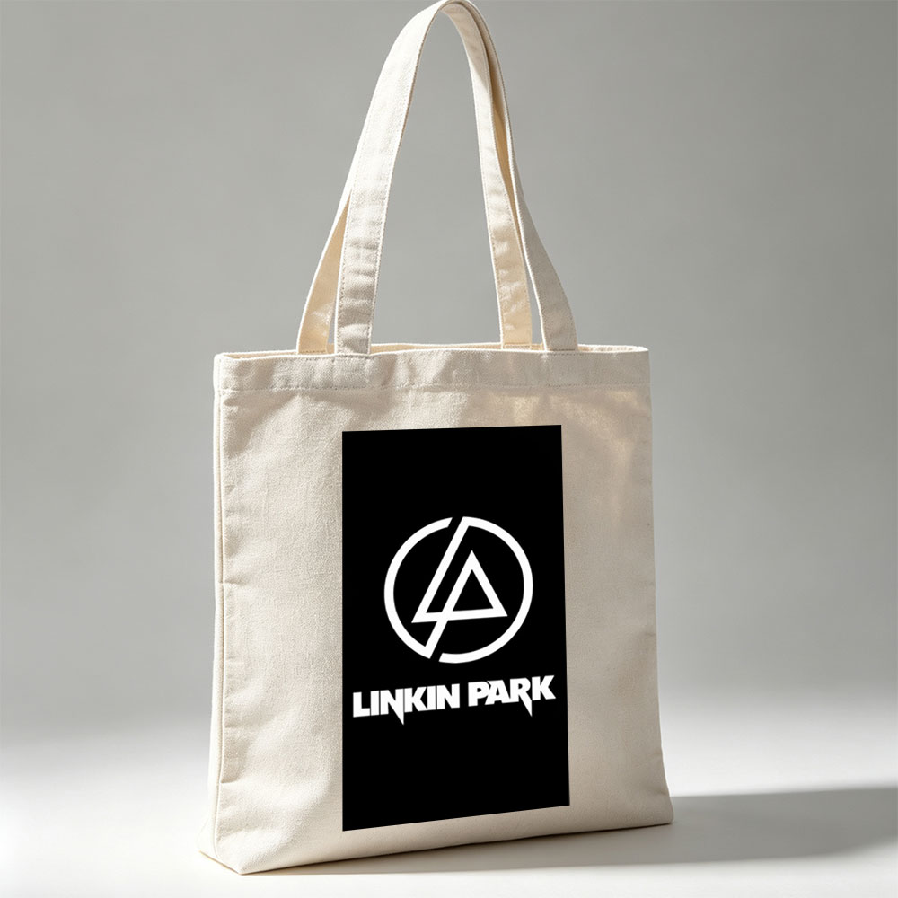 Linkin Park Logo on Black Background with White Symbol and Text - Canvas tote bags