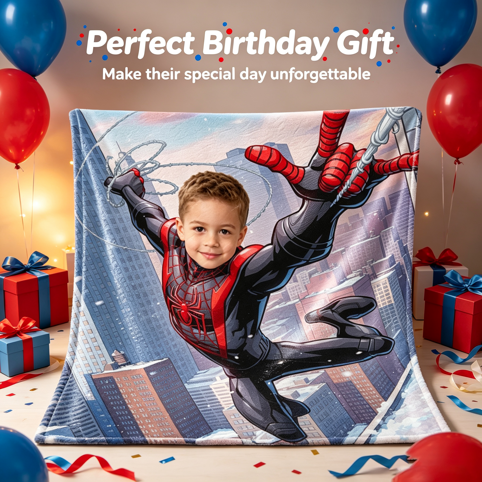 Custom Spider‑Man Miles Morales Photo Blanket, Personalized Kids Blanket Upload Photoa，Thick Flannel Throw Blanket, Superhero Custom Portrait Blanket, Birthday Gift for Boys