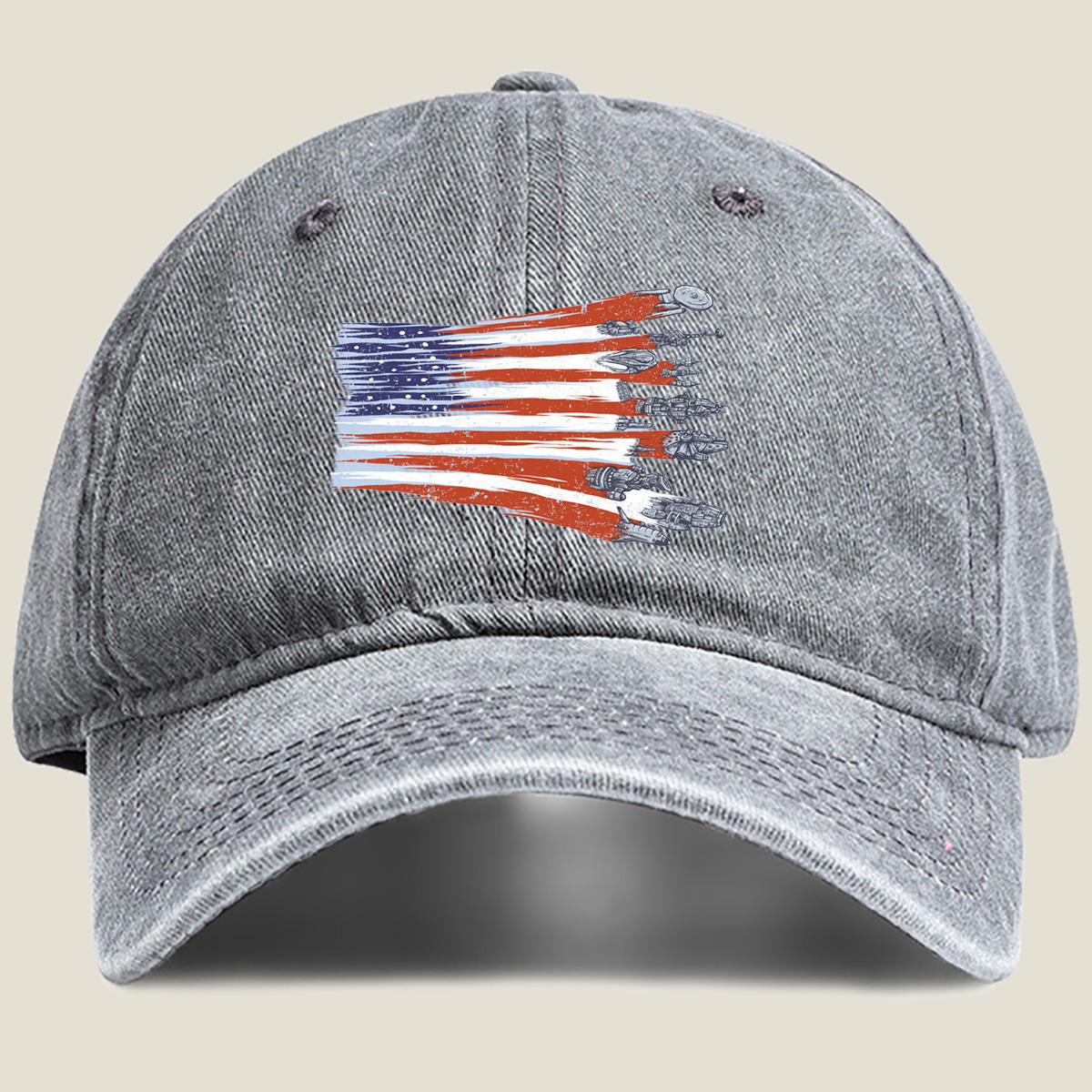 Star Trek and Star Wars Spaceships with American Flag Design - Washed Denim - Baseball Cap