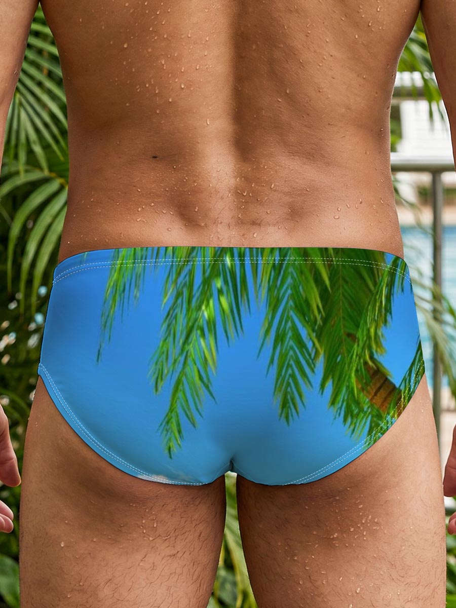 Tropical Beach with Palm Tree and Clear Blue Sky -  Men's swim trunks