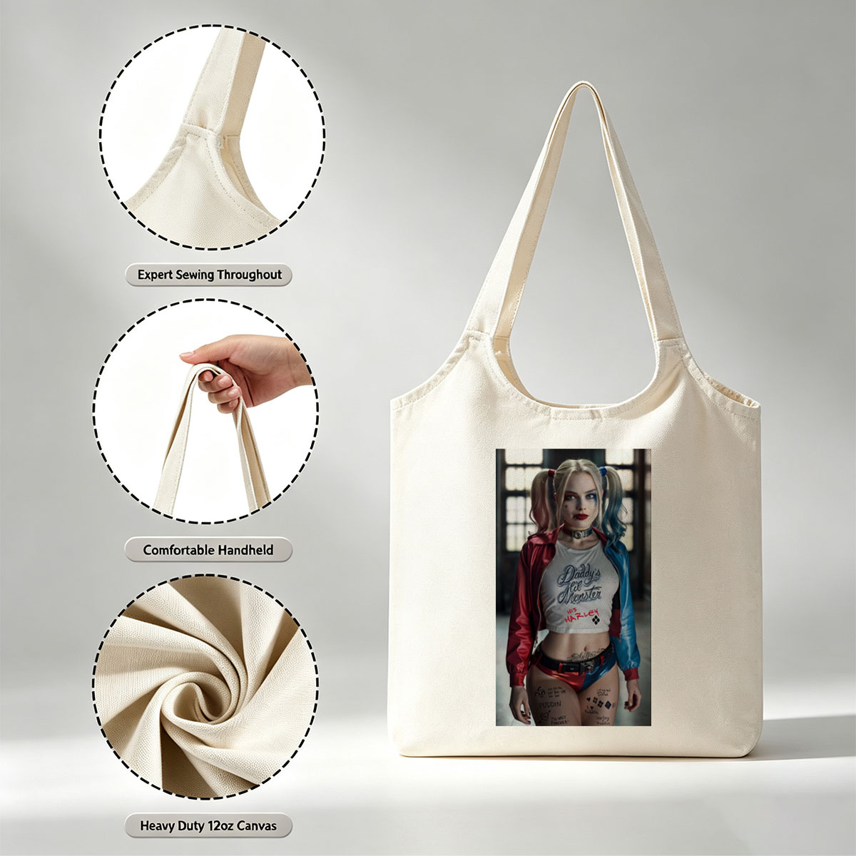 Margot Robbie as Harley Quinn in Suicide Squad - Iconic Costume and Bold Makeup Portrait - Canvas shoulder bags/