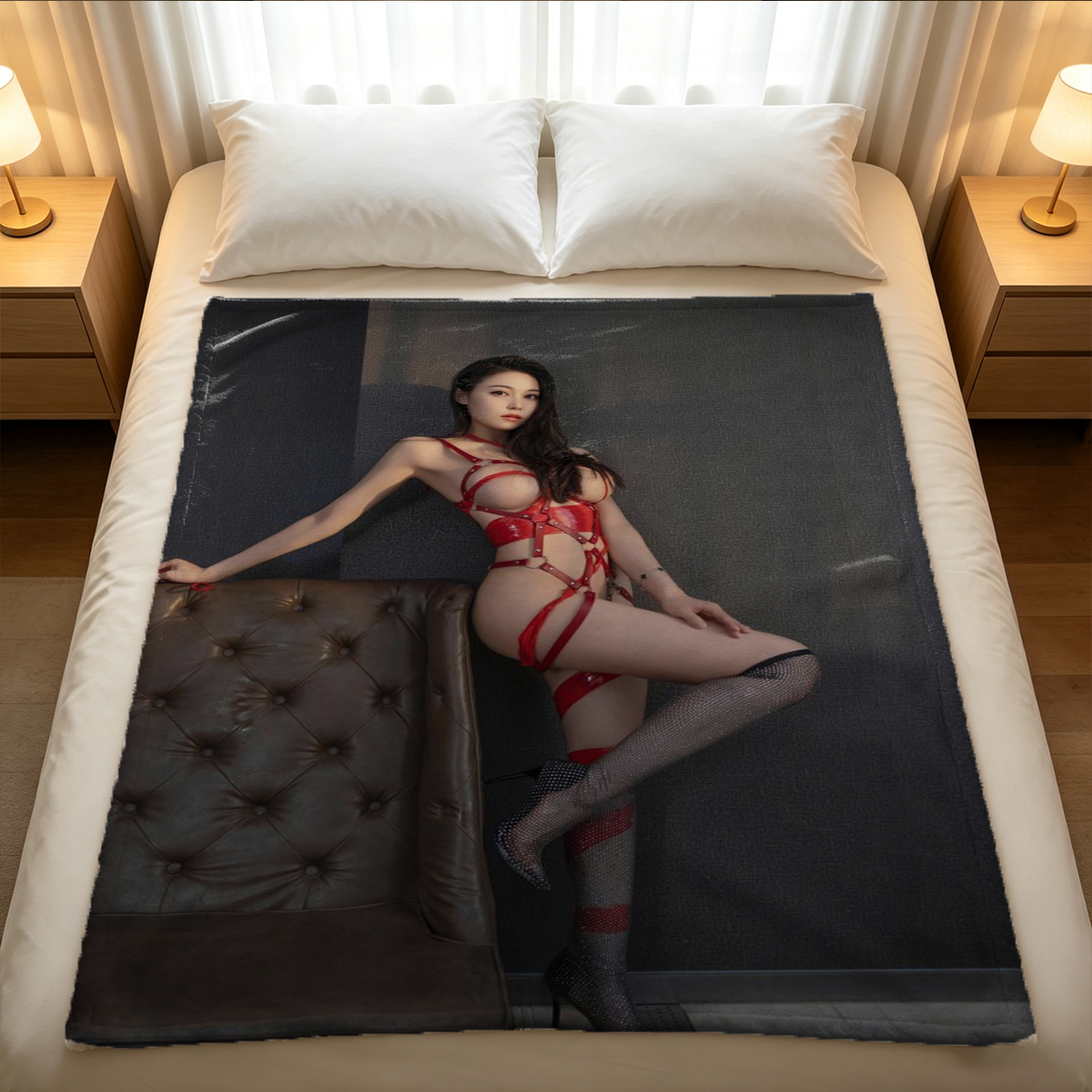 Japanese Woman in Floral Panties Lying on Bed - Blanket