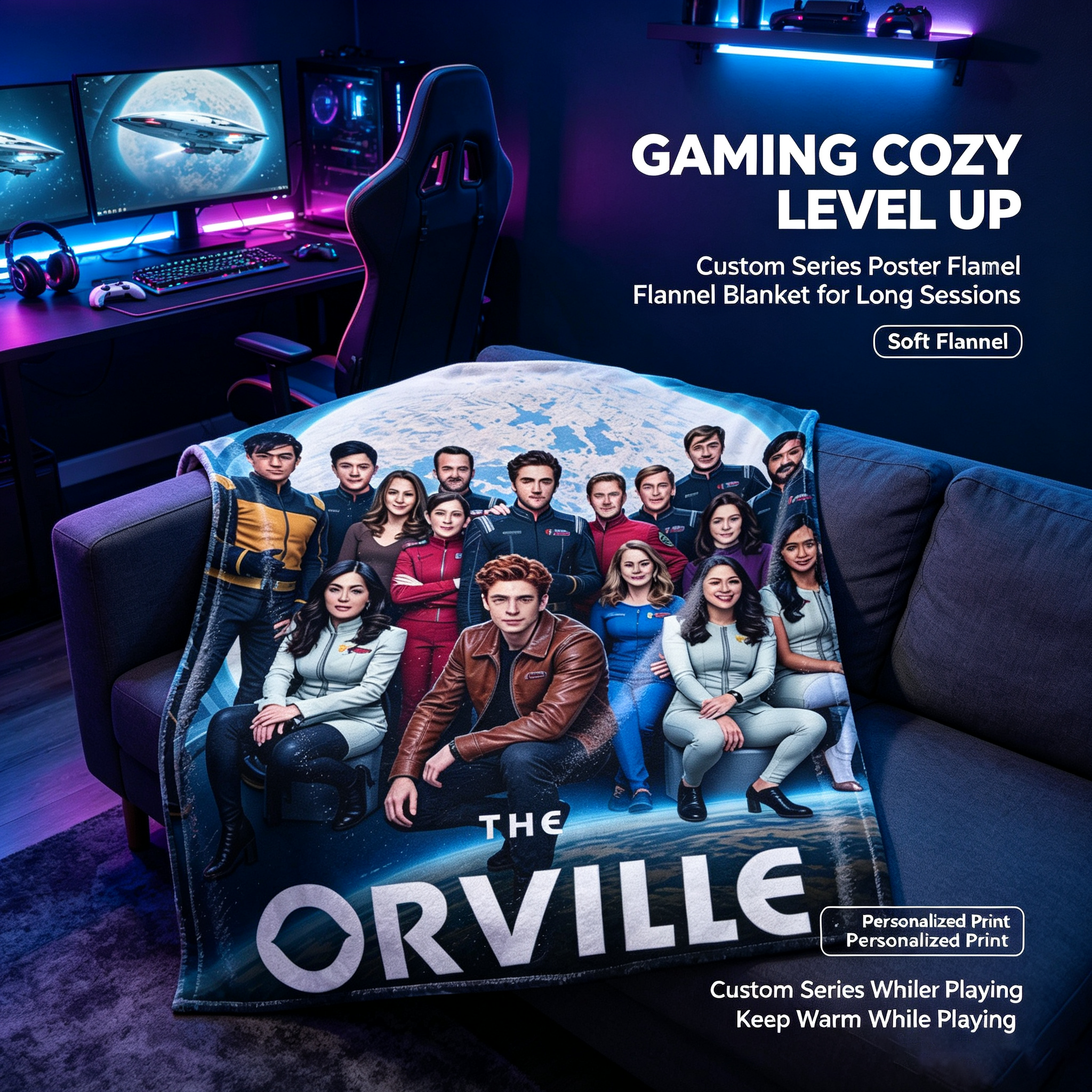 Custom Face Blanket The Orville Crew Flannel Blanket Sci-Fi Space Series Gift for Fans and Collectors