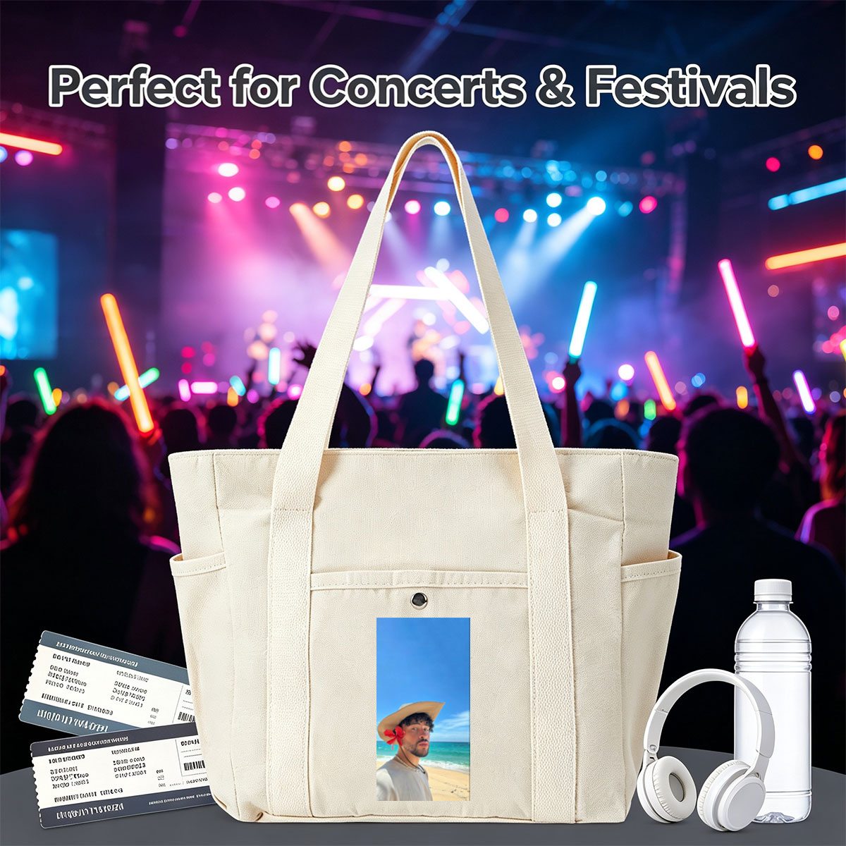 Bad Bunny on the Beach Wearing a Straw Hat with Red Flower and Beaded Necklace - Multi-pocket bags