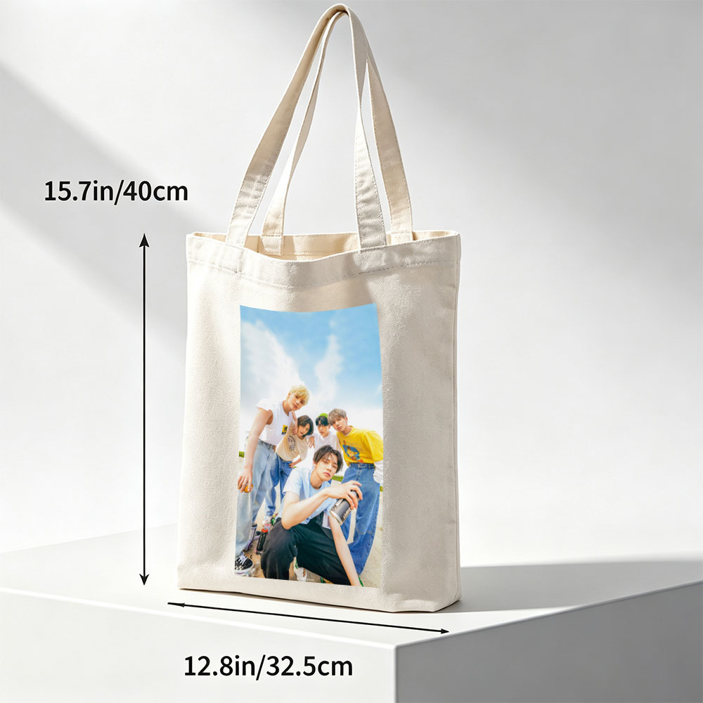 TXT Members Outdoors in Casual Wear Holding Drinks Under Blue Sky - Canvas tote bags