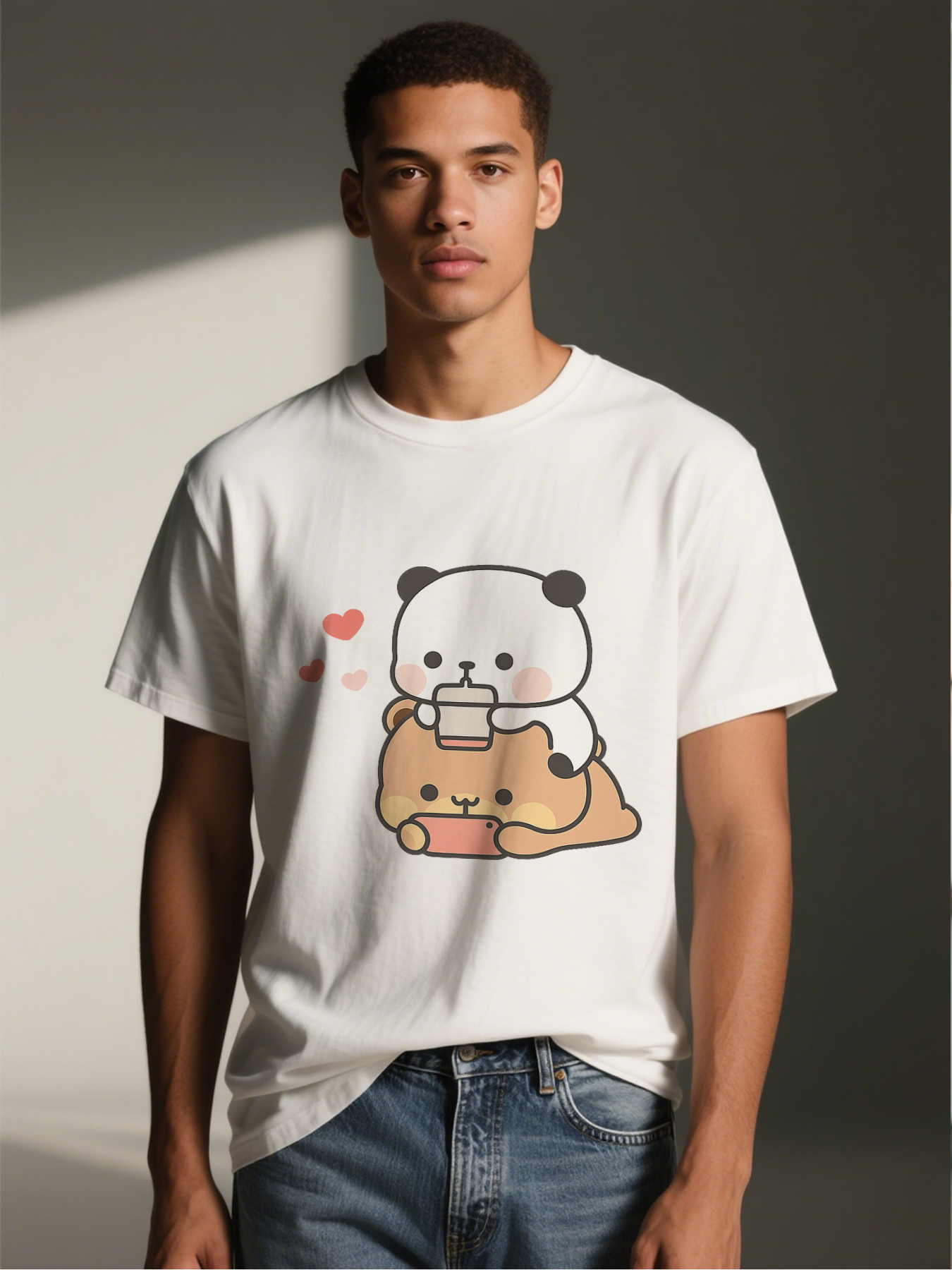 Men's Printed T-Shirt Featuring Cute Panda and Bear with Coffee and Phone Design, Casual Round Neck Lightweight Breathable Summer Short Sleeve Tee for Daily Wear, Office, Travel, and Leisure, Perfect for Young Adults and Trendy Men