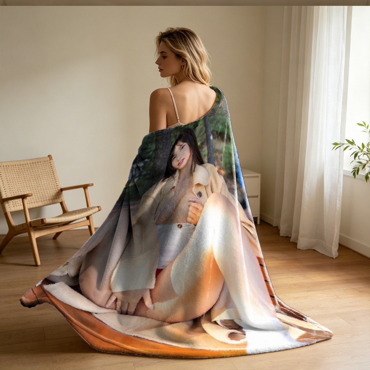 Nude Woman in Red Gloves Under Casino Table - Blanket