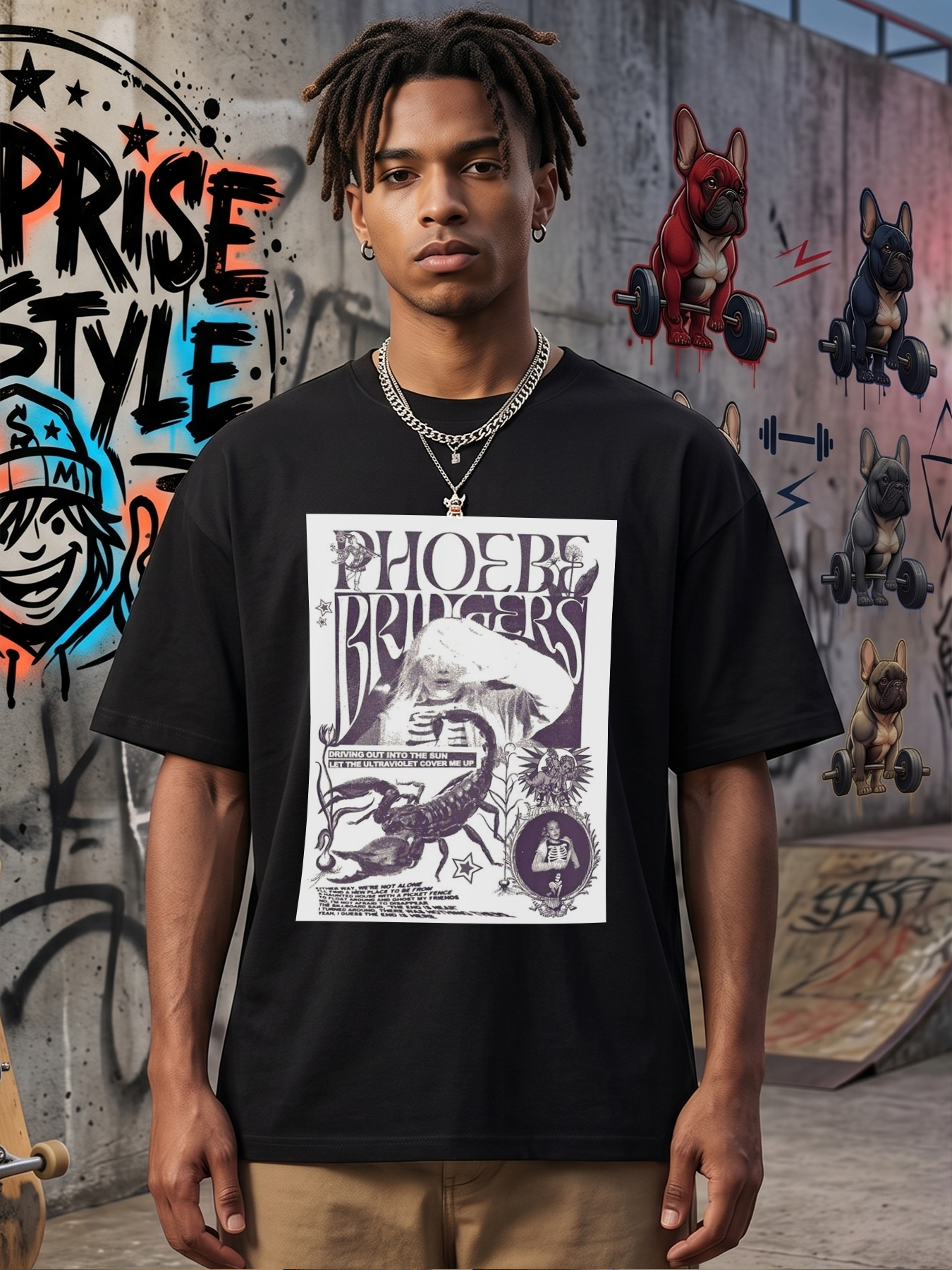 Men's Printed T-Shirt Featuring Phoebe Bridgers Artwork with Scorpion, Floral Motifs and Lyrics 