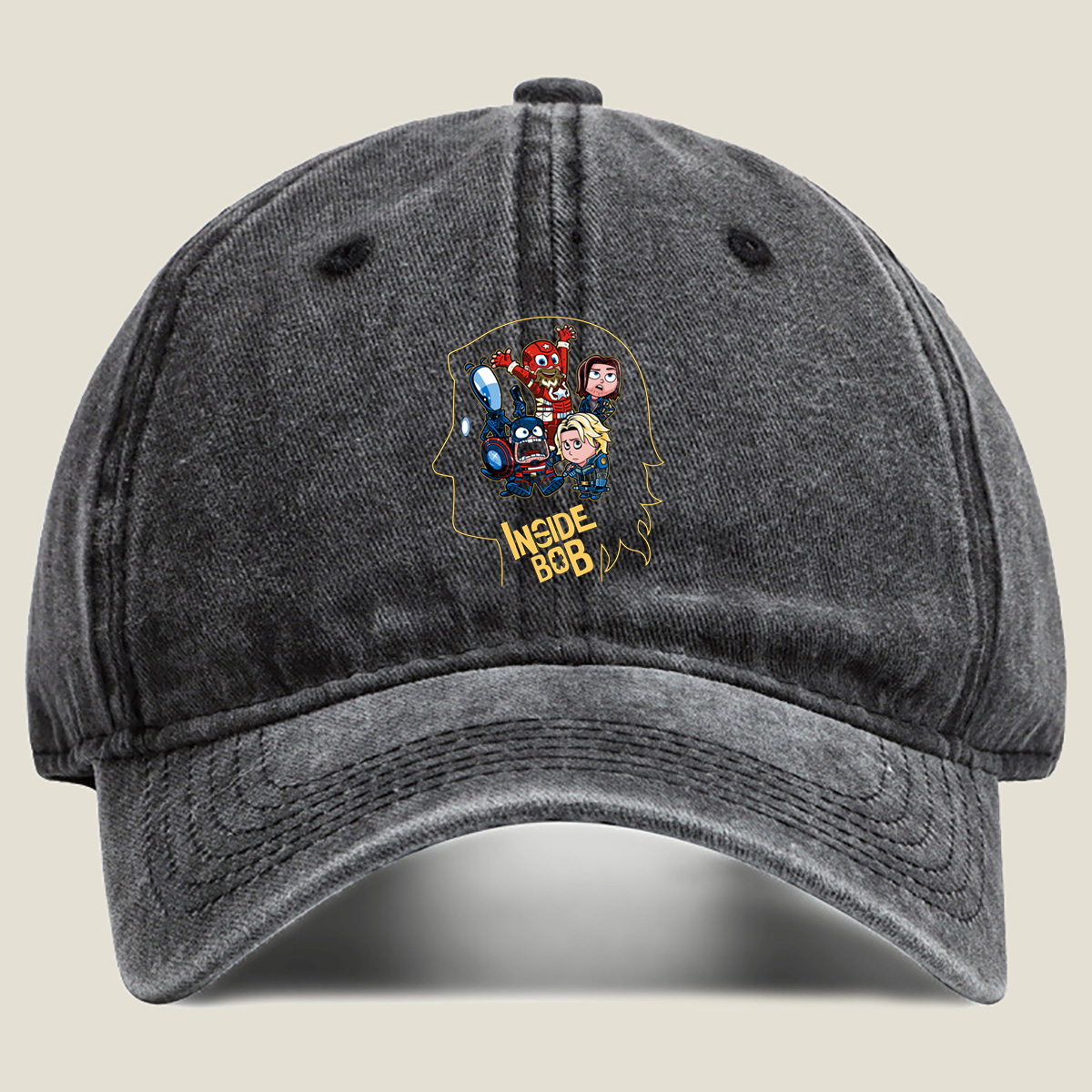 Inside Bob: Captain America, Black Widow, and Thor in Chibi Style - Washed Denim - Baseball Cap